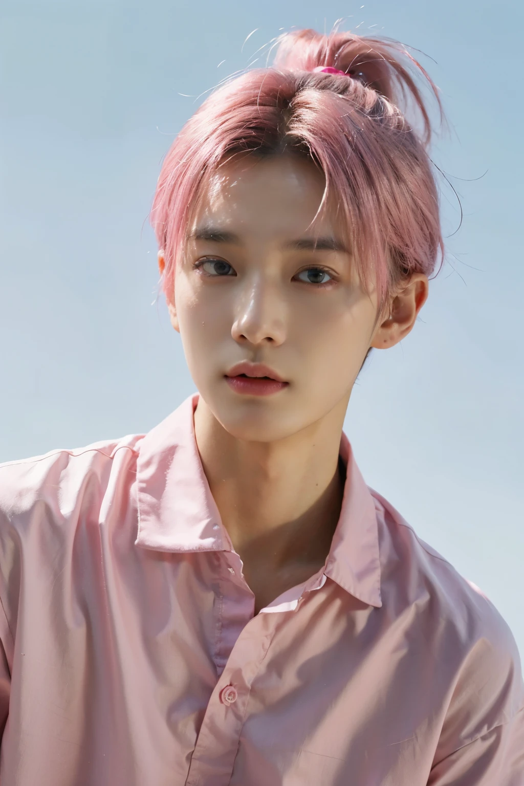 （Handsome Chinese guy：1.5）Pink hair，Anime boy with blue eyes and pink shirt, inspired by Yanjun Cheng, Guviz-style artwork, Guviz, Kawaii realistic portrait, author：yanjun cheng, ((Pink)), yanjun cheng, Glowing pink face, pink face, inspired by jeonseok lee, 8K high quality detailed art,