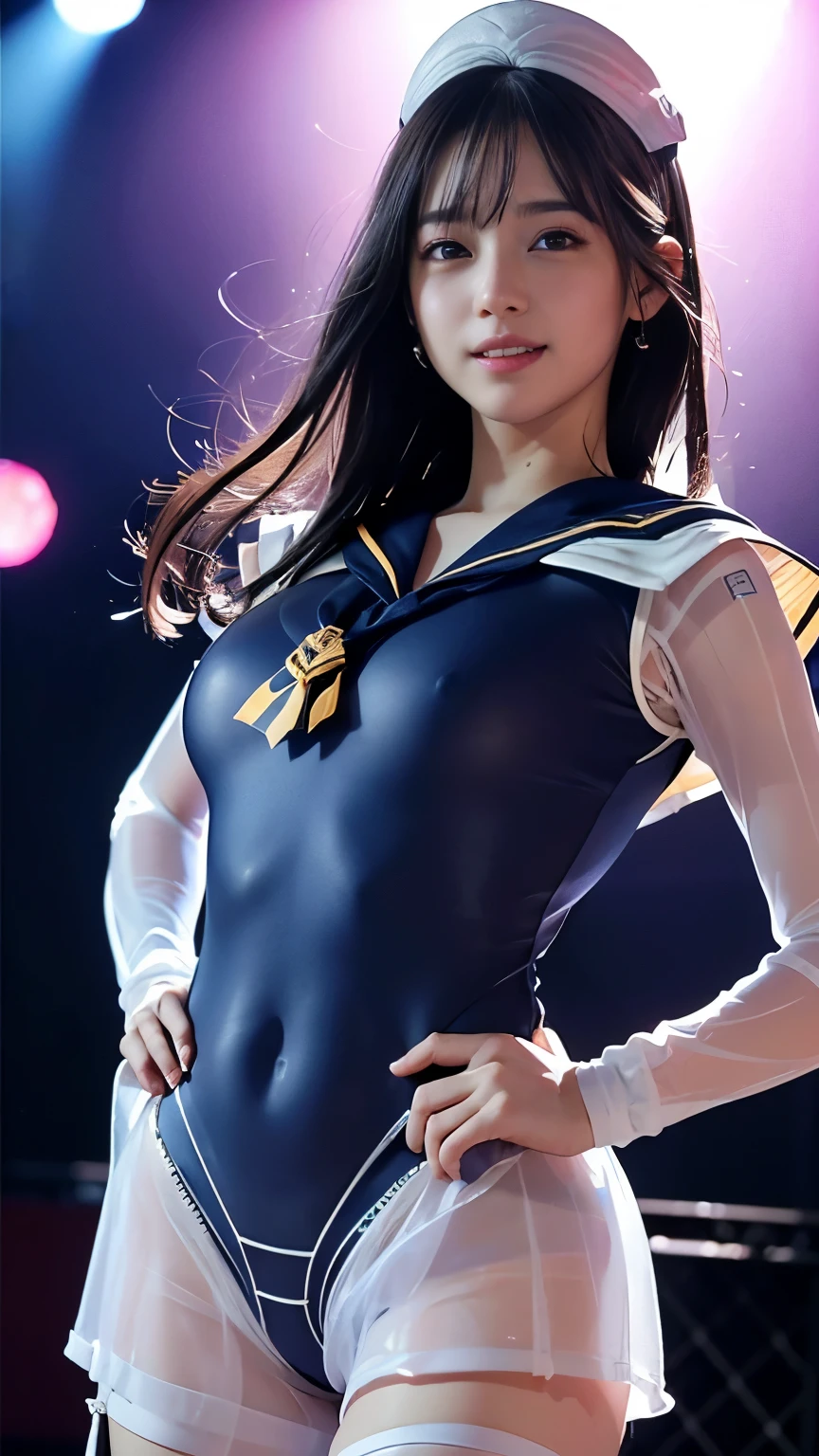 whole body、 (RAW Photos、highest quality)、(Realistic、Photorealistic:1.3)、highest quality、masterpiece、Very delicate and beautiful、sense of oneness、2k wallpaper、growing up、Beautiful in every detail、masterpiece、light smile、highest quality、HVery detailed ticker Unity 8K wallpapers、Large file size、super detailed、High resolution、Very detailed、((Euphoric look))、((smile:1.15))、((sweating:1.4))、((translucent:1.55、Sailor-style bodysuit that creates a beautiful silhouette..:1.6))、Pink and orange、ribbon、sailor Hut、Double frill garter、Very cute girl、ager、Part of an idol group、(((At a concert「ザ☆ピ〜s!」Dancing)))、 (Pull your hips back), (Warp your upper body), and place your left hand on your hip.、Right hand salutes with two fingers、Hair is moving、(Concert lighting sets the mood)、A large number of people、Spotlight、Professional Lighting、Cinematic Light、3D、Audience'Perspective、