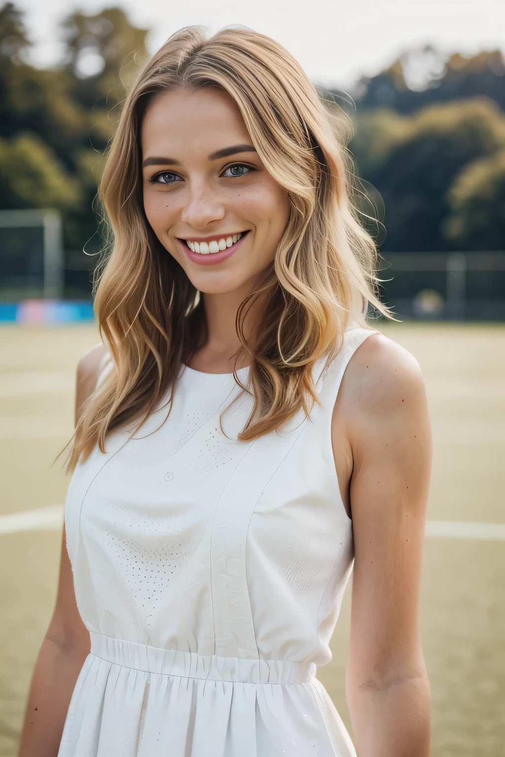 (beautiful, detailreiches Haar blond, blaue Augen, beautiful teeth, whole body recording, (Adorable freckles), (charming smile, schelmischer Ausdruck), (verspielte Pose), (sport dress), (wunderliche Brise, wallende Haare), (Bokeh-Hintergrund), (lebendige Farben, rich tones), (froh, sorglos), (fesselnd, Zauberhaft)