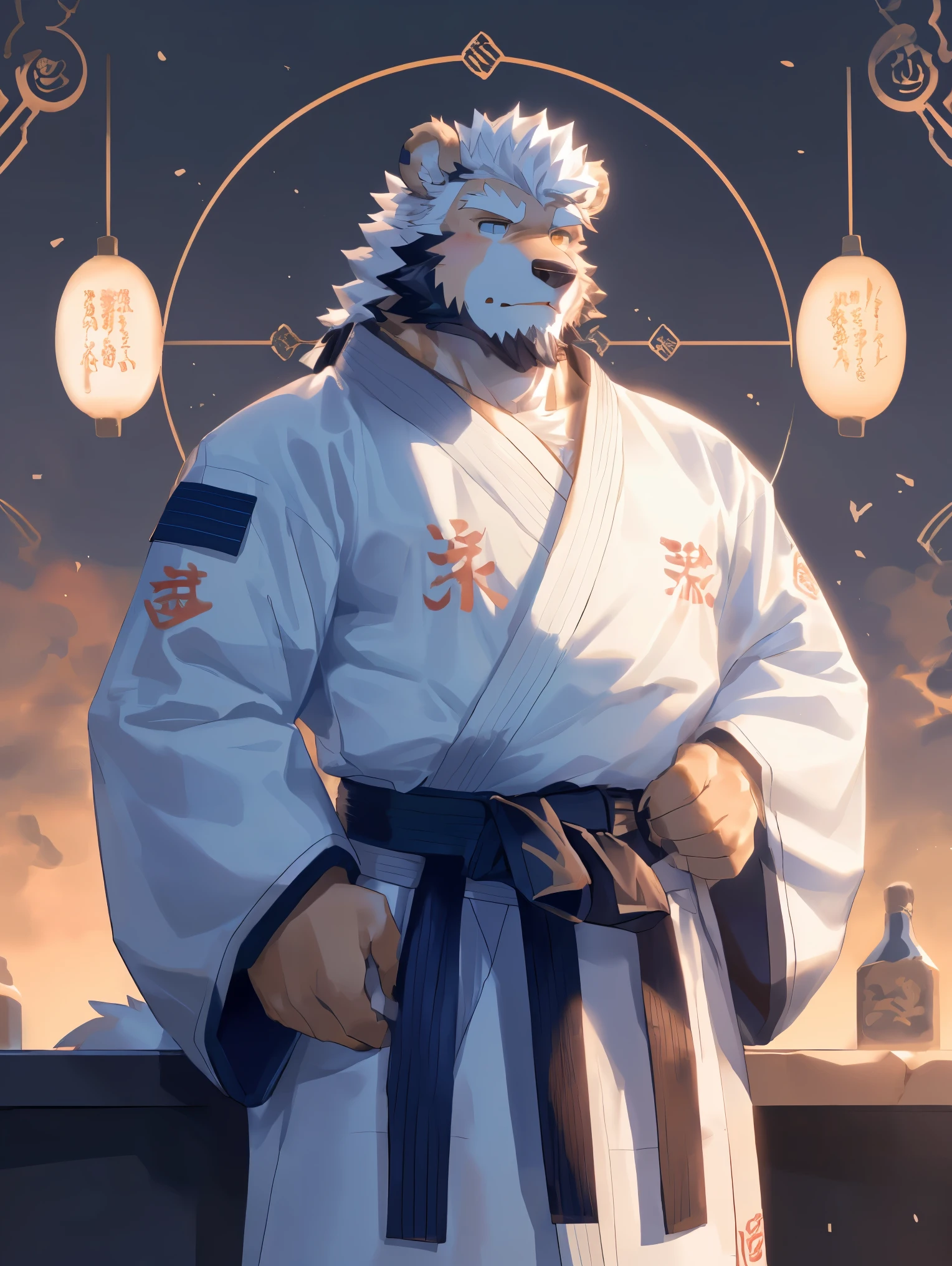 (White skinpolar bear),(Gorgeous platinum robe:1.4),(Awesome posture),(The background is a gorgeous counter front:1.5),(Abdominal muscles),Heroic飒爽,完美的masterpiece,Various facial details,Close-up view,specific description,masterpiece,(cg),(Golden Eyes),White pattern,White Tail,Military commander,Heroic,polar bear,White fur，Concrete facial details,Half Body,(Chang Ling),((middle aged)),(Face Focus),(16k),(HD),White belly，temple，beard,(Face lines),(Heterochromia,),(White hair:1.3),(Strong:1.2),(muscle:1.3),(high resolution:1.3),(Close up),(Detailed face:1.5)，Perfect details,(Half Body),(Detailed depiction of the face:1.5),(Zoom in on the face:1.5),(白色Face lines:1.2),(白色beard:1.6),(White face:1.6),(White body),(White skin:1.3),(White cheeks:1.5),(The skin color of the face is white:1.3),cg,(The smell of quacks:1.3),(Martial Arts:1.5),(Knight:1.5),(Detailed background:1.5),(White mane:1.3)