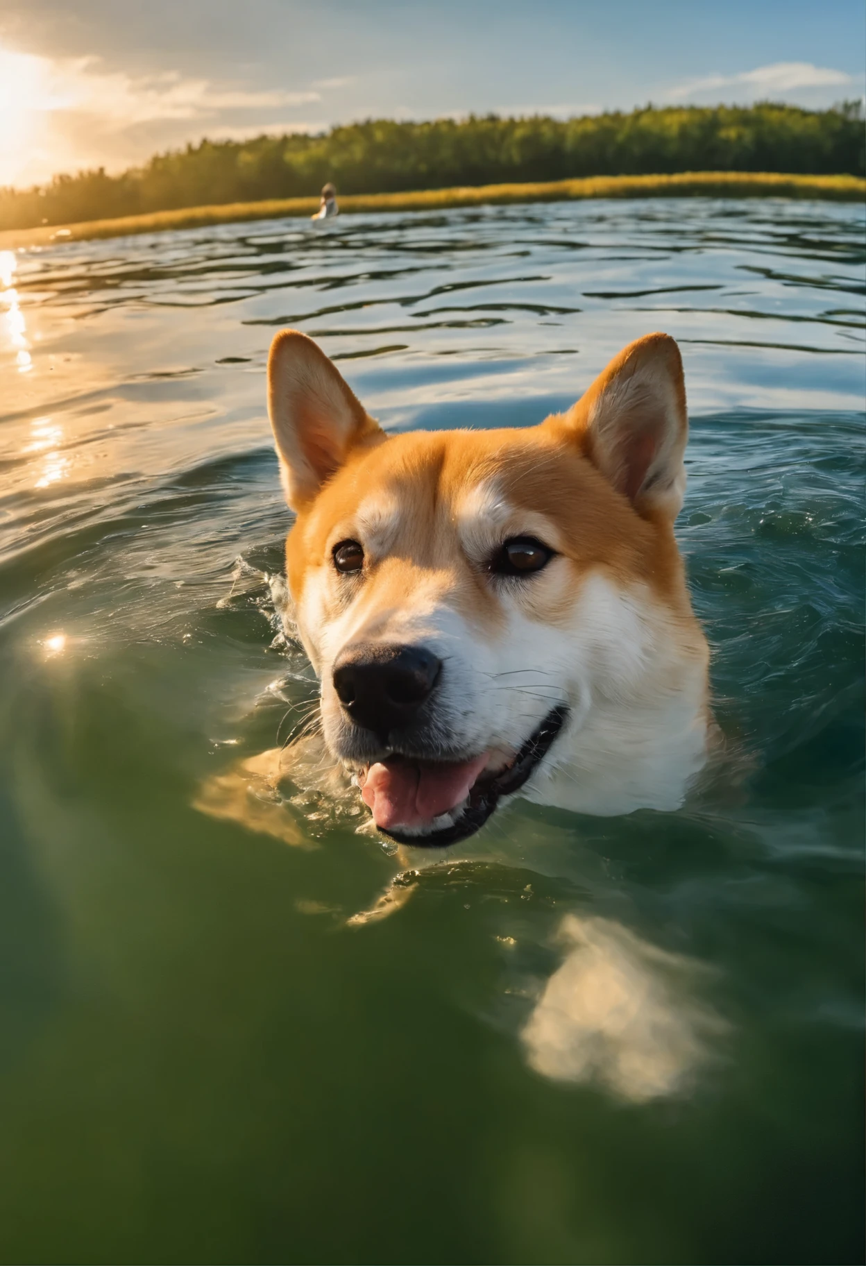 In a beautiful lake, a chubby Shiba Inu dog is swimming with delight. The dog's soft, fluffy fur is glistening under the sunlight, and its cute face is expressing pure joy. The water is crystal clear, reflecting the surrounding vibrant green trees and blue sky. The overall image quality is incredibly high, with vivid colors and sharp focus. The scene is captured in an impressionistic style, resembling a mesmerizing oil painting. The lighting is warm and soft, casting a gentle glow on the water surface. The prompt emphasizes the astonishing level of detail, allowing the viewer to appreciate every strand of the dog's fur and the captivating texture of the water. The prompt also highlights the realistic nature of the artwork, providing a visually authentic experience. Finally, the prompt adds a touch of playfulness and adventure, as the Shiba Inu explores the lake freely, embodying an adventurous spirit.