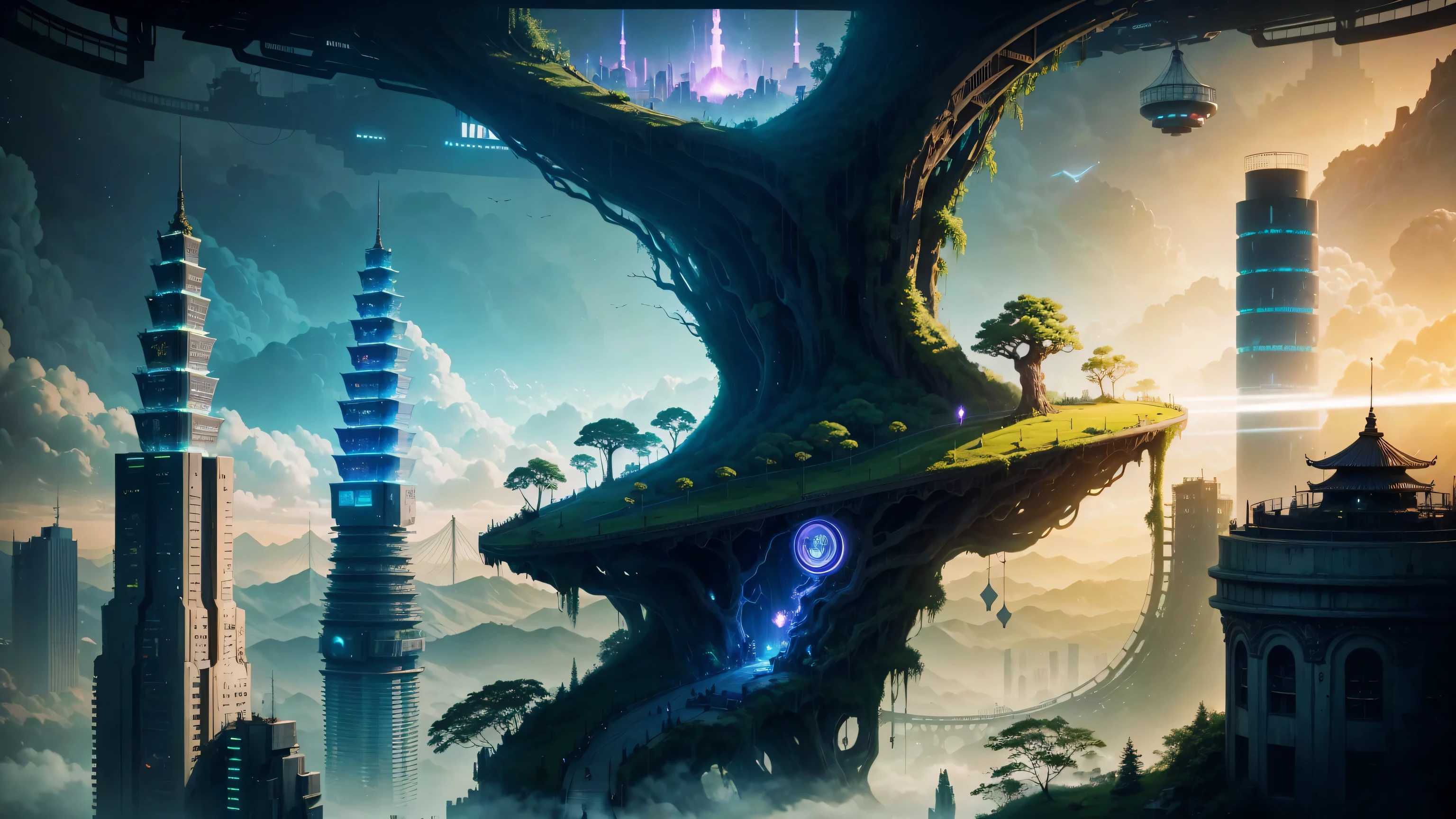 8K, Alien wearing a top hat and smoking a cigarette, Hyper, cyber punk, Made from ruins, Skyscraper, Taipei City, Painting of a tree with a bridge, Fantasy valley with trees, Highly detailed fantasy, Fantasy Tree, Colorful detailed dreamscape, Cosmic Tree of Life, Boy looking at pictures