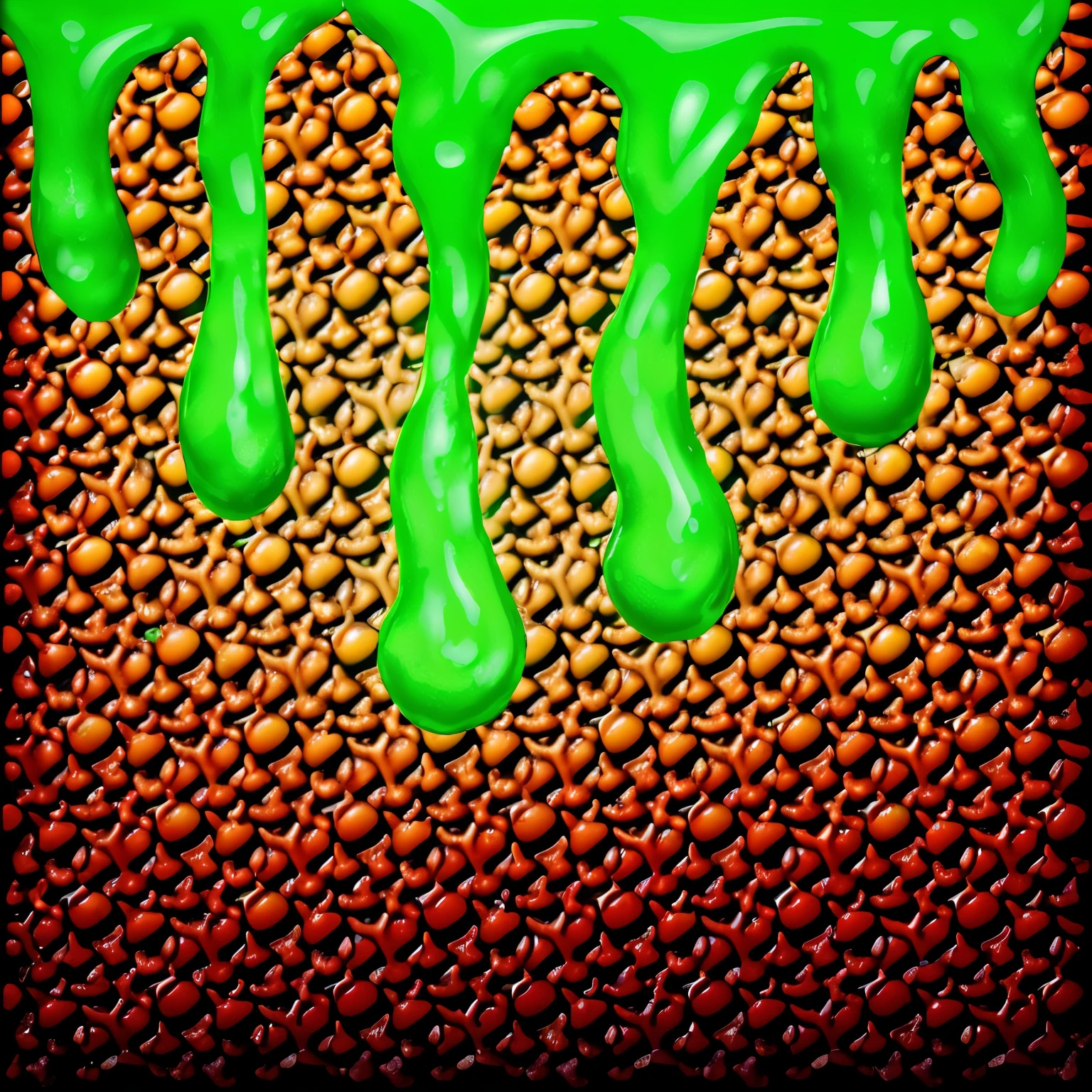 there is a green icing on a cake with coffee beans, melting pixels, slimes, green slime dripping, toxic drips, green slime everywhere, baked bean skin texture, slimy fluid liquid blobs, video game texture, highly realistic bump map, seamless game texture, cell shader shading, green slime, background of poison apples, toxic slime