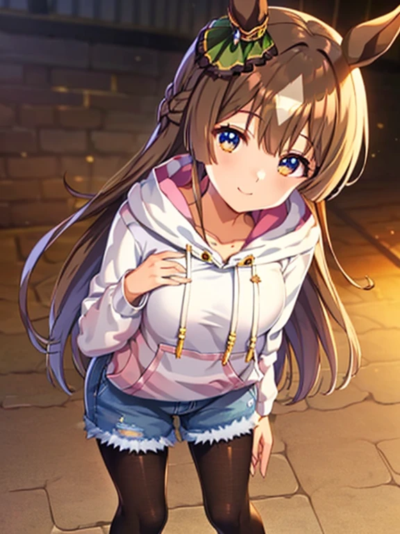 Satono Diamond\(umamusume\), ((highest quality))、((masterpiece))、Ultra-high resolution、、(Anime 2D Rendering, Realistic young anime woman),
Beautiful body, Beautiful thighs, Beautiful feet, White beautiful skin、
(Spread your chest wide、((White hoodie:1.4)、(Blue denim shorts:1.4)、(Low denier black pantyhose:1.4)、(sneakers)))、
smile、Face towards the viewer、(whole body、Are standing)