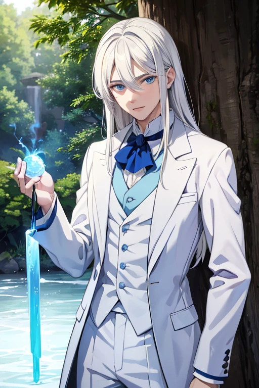 A young white haired man with blue eyes with long hair with blue eyes in a white victorian suit is making a potion in an outdoor lab is leaning against a tree