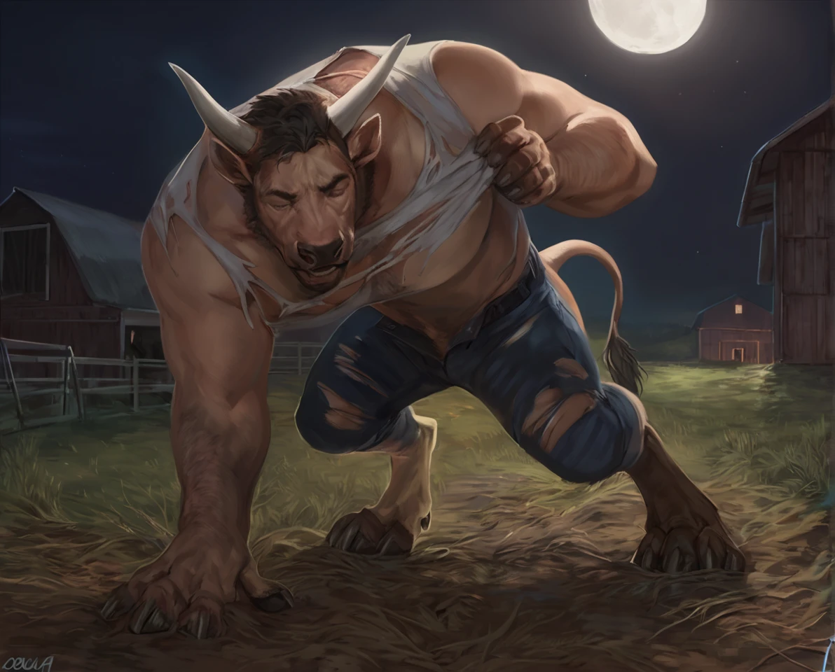 male bull mid transformation, solo, masterpiece, best art, full body, digitigrade, by patto, by oouna, torn pants, torn shirt, detailed hands, detailed eyes, detailed torso, farm, painful expression, transformation, human face, standing, night, moon, all fours, pecs, closed eyes