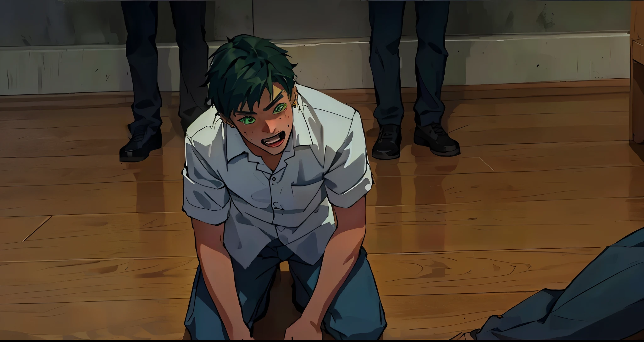 boy is sad crying lying on the floor green hair green eyes screaming out of rage