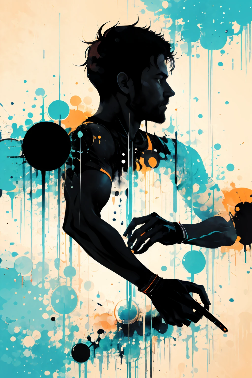 Male silhouette:athlete:dynamic pose:profile,Ink splash,Bold colors,dynamically,colorful,An abstract painting that looks like a person if you look closely,works of art,mysterious,design