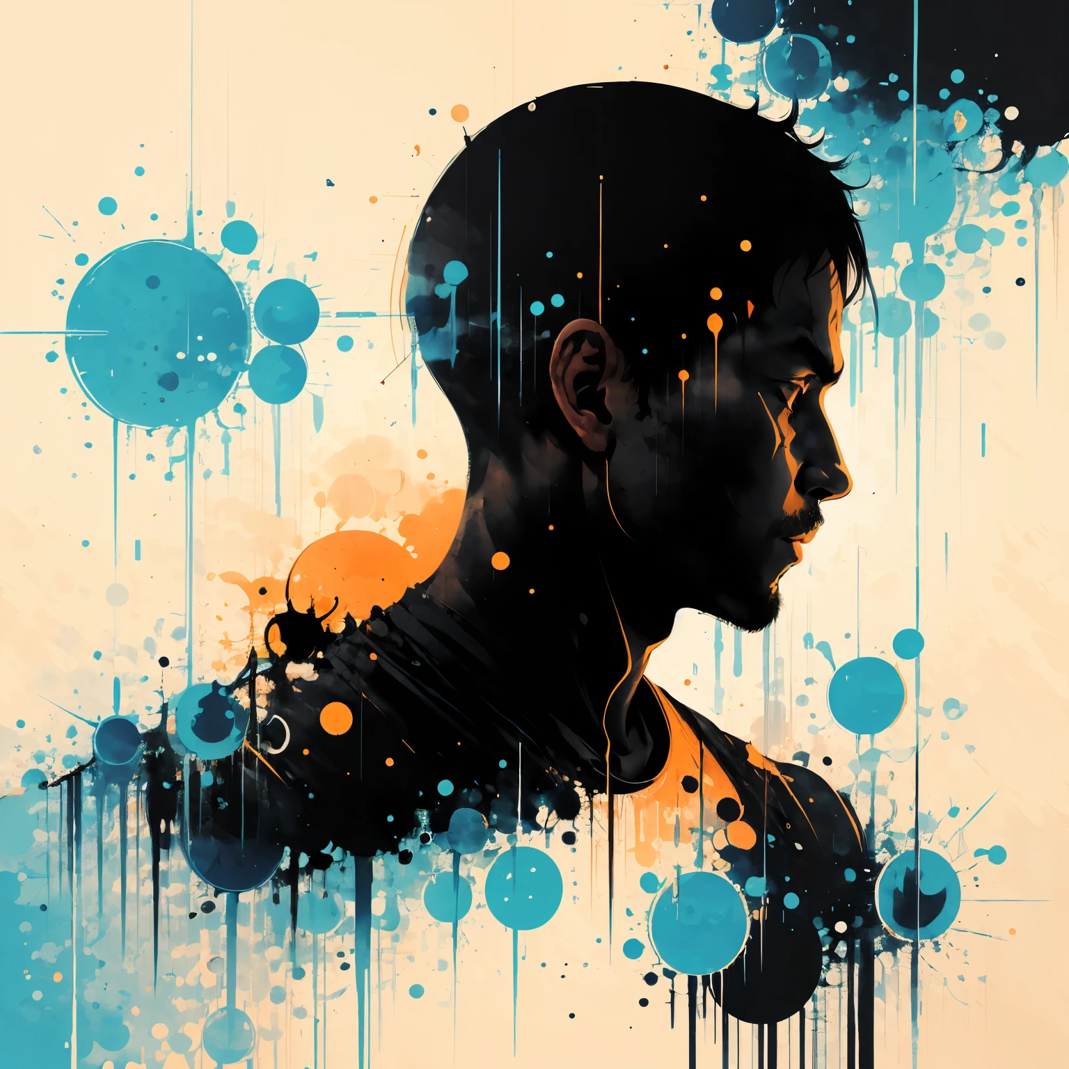 Male silhouette:athlete:dynamic pose:profile,Ink splash,Bold colors,dynamically,colorful,An abstract painting that looks like a person if you look closely,works of art,mysterious,design