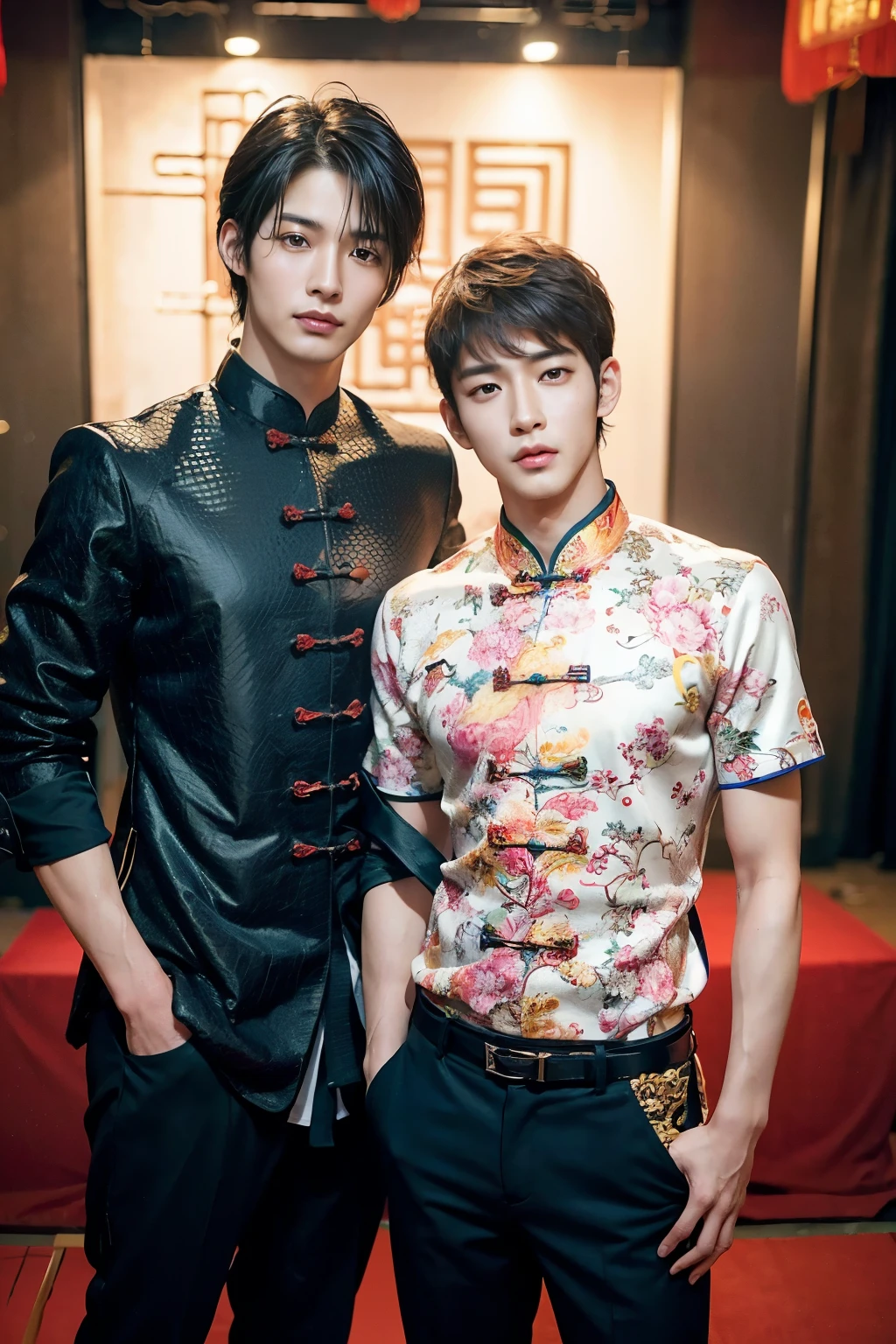 (Chinese Handsome: 1.5), realistic details of two men in cinema, realistic photos, textured skin, looking into the camera, 18 years old boy, studio, Danshi Koukousei, model, long legs, gay couple