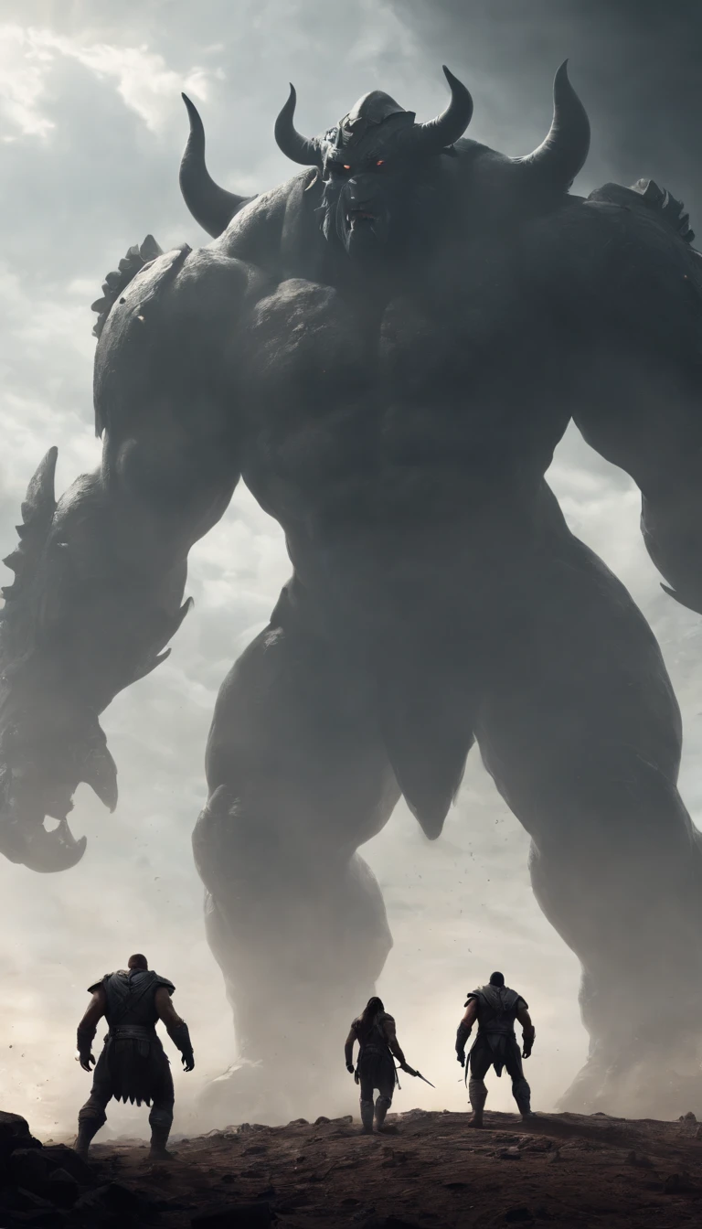 two warriors silhouettes standing in front of a massive Minotaur aggressively standing 100feet tall, located in a battlefield , concept art wallpaper 4k, sci-fi fantasy wallpaper, sci fi artwork, detailed sci-fi art, beautiful sci fi art, spaceships in the cloudy sky, concept art artwork masterpiece, concept art 4k, concept art 4 k, sci fi concept art, mystical sci-fi concept art