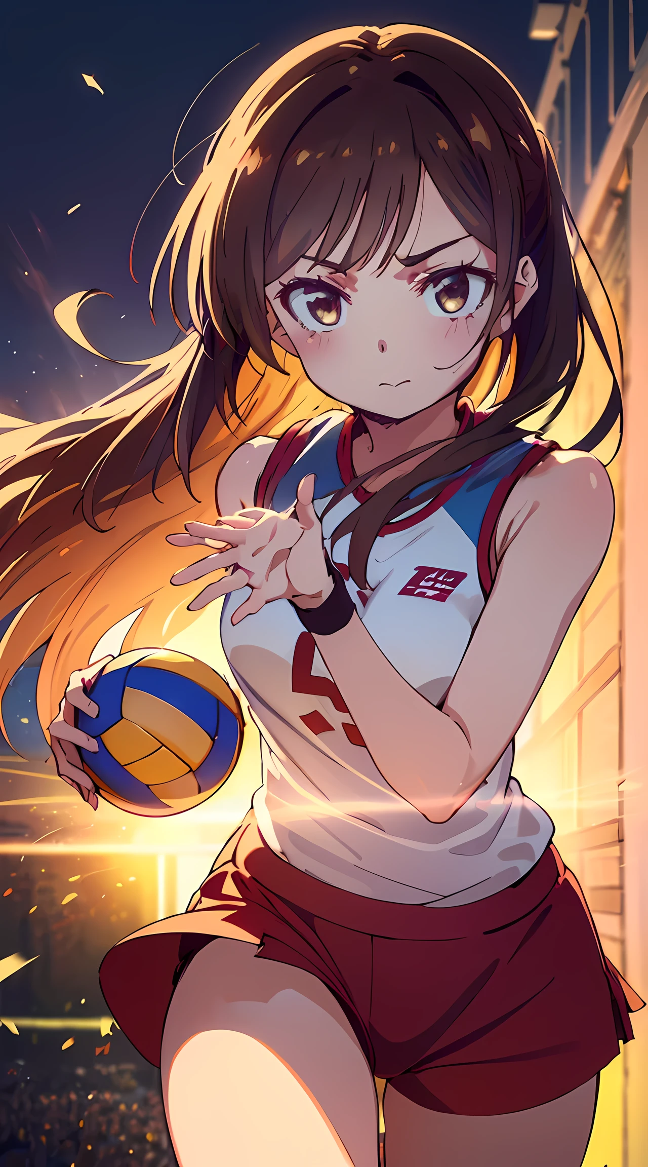 unity 8k wallpaper, anatomically correct, (((masterpiece))), (((best quality))), (((ultra detailed))), (((high-resolution))), ((super fine illustration)), detailed beautiful face, 1 girl, 18 years old, shiny hair, ((super cute)), (long hair:1.3), break,(holding a Beautiful spherical shape 6-inch volleyball with both hands:1.3), break, (sleeveless sportswear), (wrist band), dynamic angle, (head to thigh view:1.3), looking at viewers, lighting, standing still, hair moving with wind
