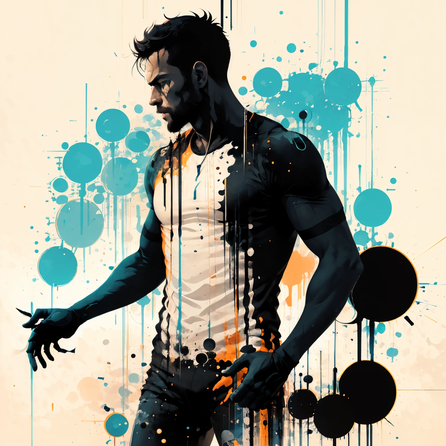 Male silhouette:athlete:dynamic pose:profile,Ink splash,Bold colors,dynamically,colorful,An abstract painting that looks like a person if you look closely,works of art,mysterious,design