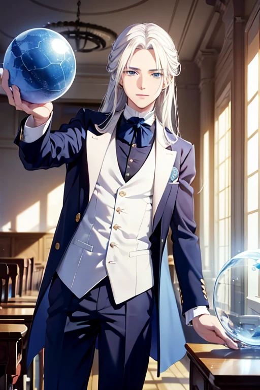 A young white haired man with blue eyes with long hair with blue eyes in a white victorian suit is playing with a ball of ice in the front of the classroom