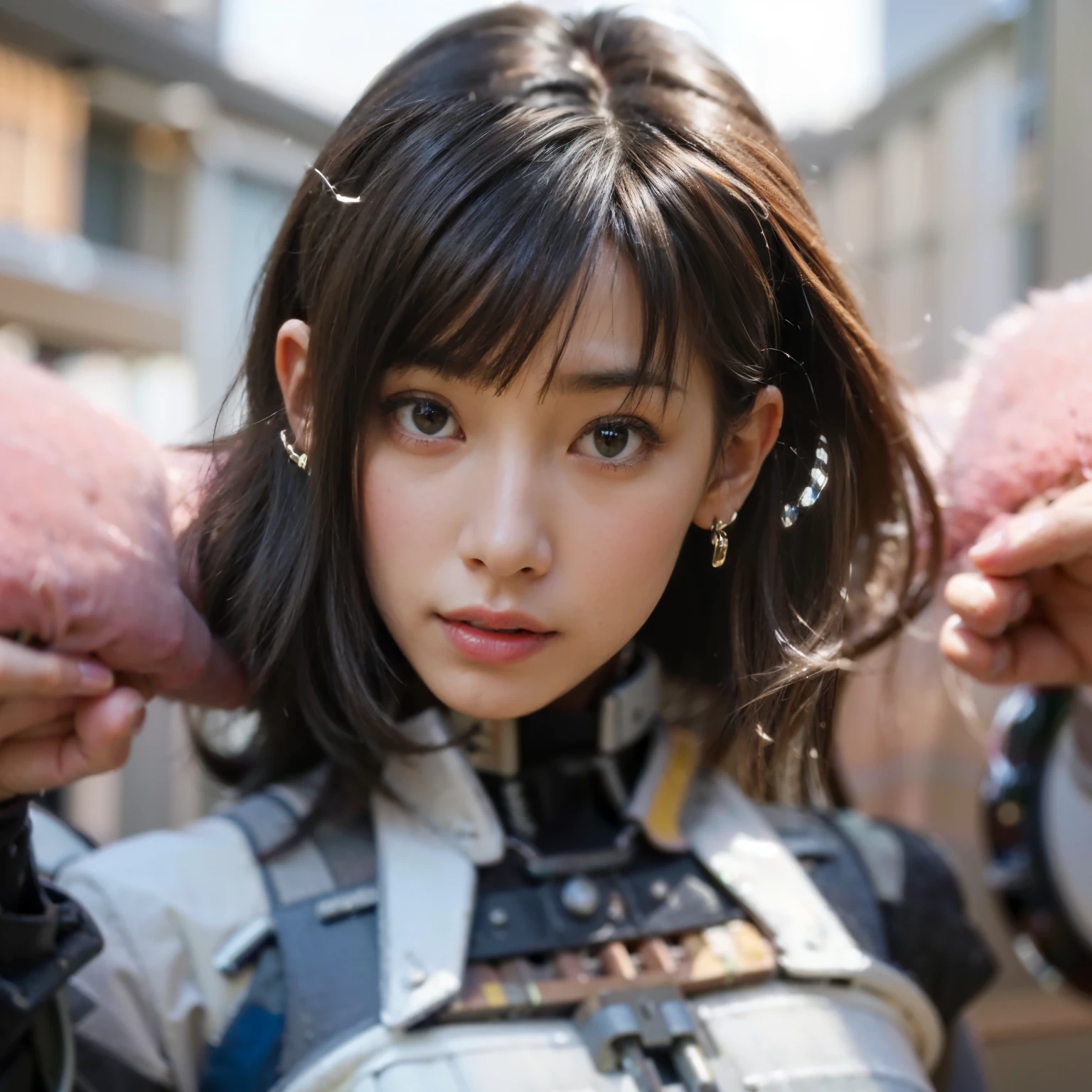 (masterpiece, best quality:1.2), (8k uhd, 16k, 32k, ultra high res), (photorealistic:1.37), (RAW photo), ultimate-realistic, ultimate-realistic details, ultimate-realistic texture, ultimate-intricate details, ultimate-realistic lighting, ultimate-realistic shadow, 1 japanese girl, ultimate-cute face, ultimate-RAW skin, ultimate-realistic eyes, (mechanical:1.4), (armor), full body, wide shot