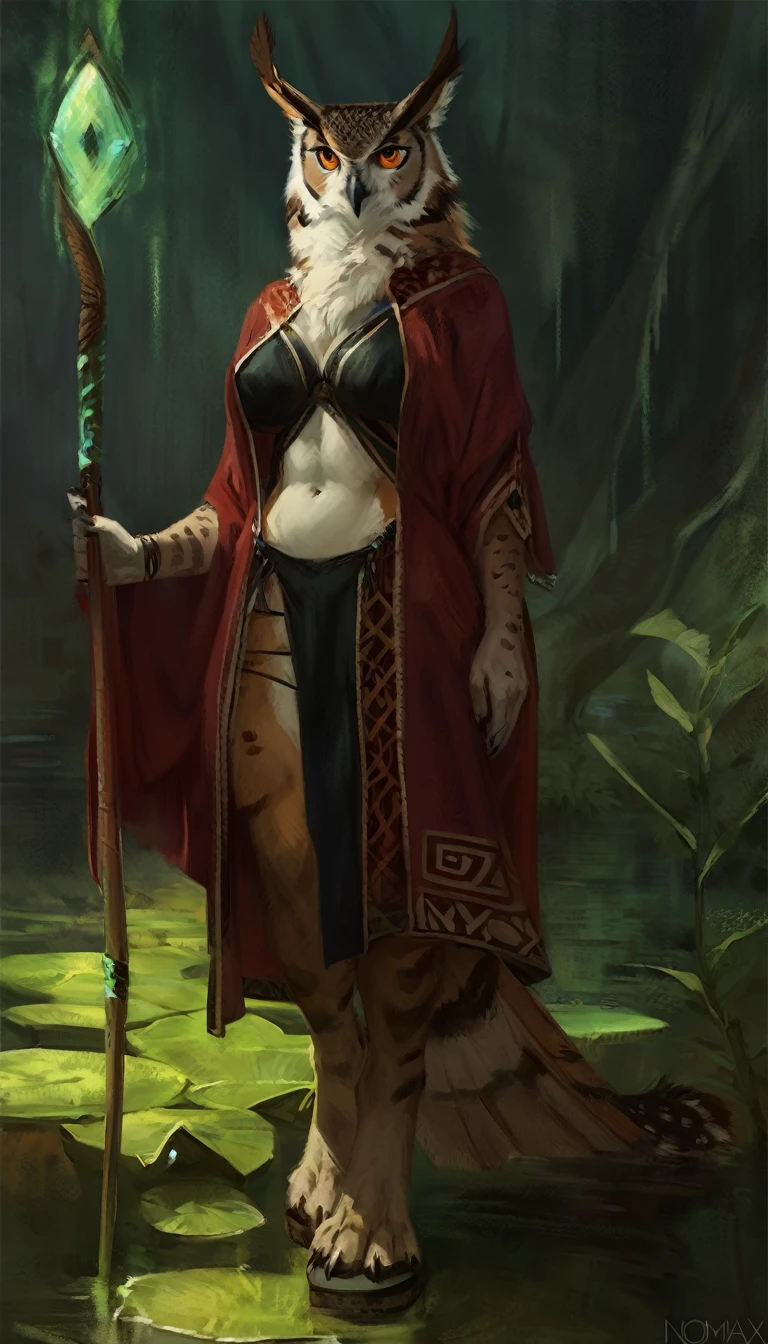 Anthro female eagle owl hybrid, solo, serious expression, masterpiece, best art, body, by oouna, by nomax, detailed eyes, detailed body, claws, tall, staff, skimpy robes, casting magic, witch, tribal, magic swamp, curvy, revealing outfit, digitigrade sandals, exposed belly, subtle abs