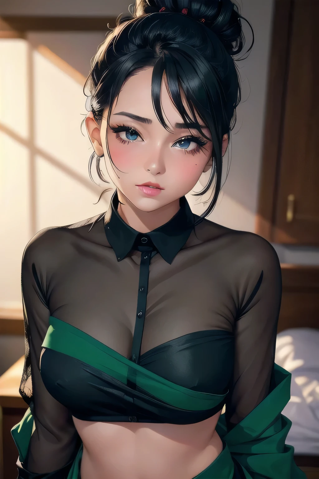 ???? woman, black hair tied in a messy bun, amazing makeup, blushing intensely, flustered, ???????, perfect lips parted, black blouse, sheer dark green saree, hot