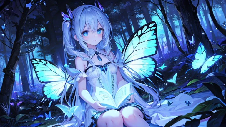 In the dark forest, there are many beautiful glowing butterflies and beautiful glowing fairies Mr./Ms..