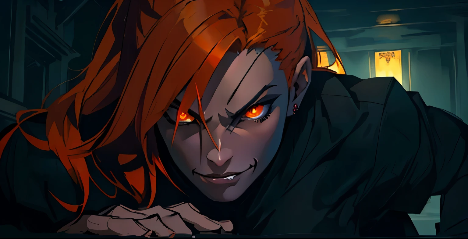 evil 40 year old woman orange hair orange eyes evil look