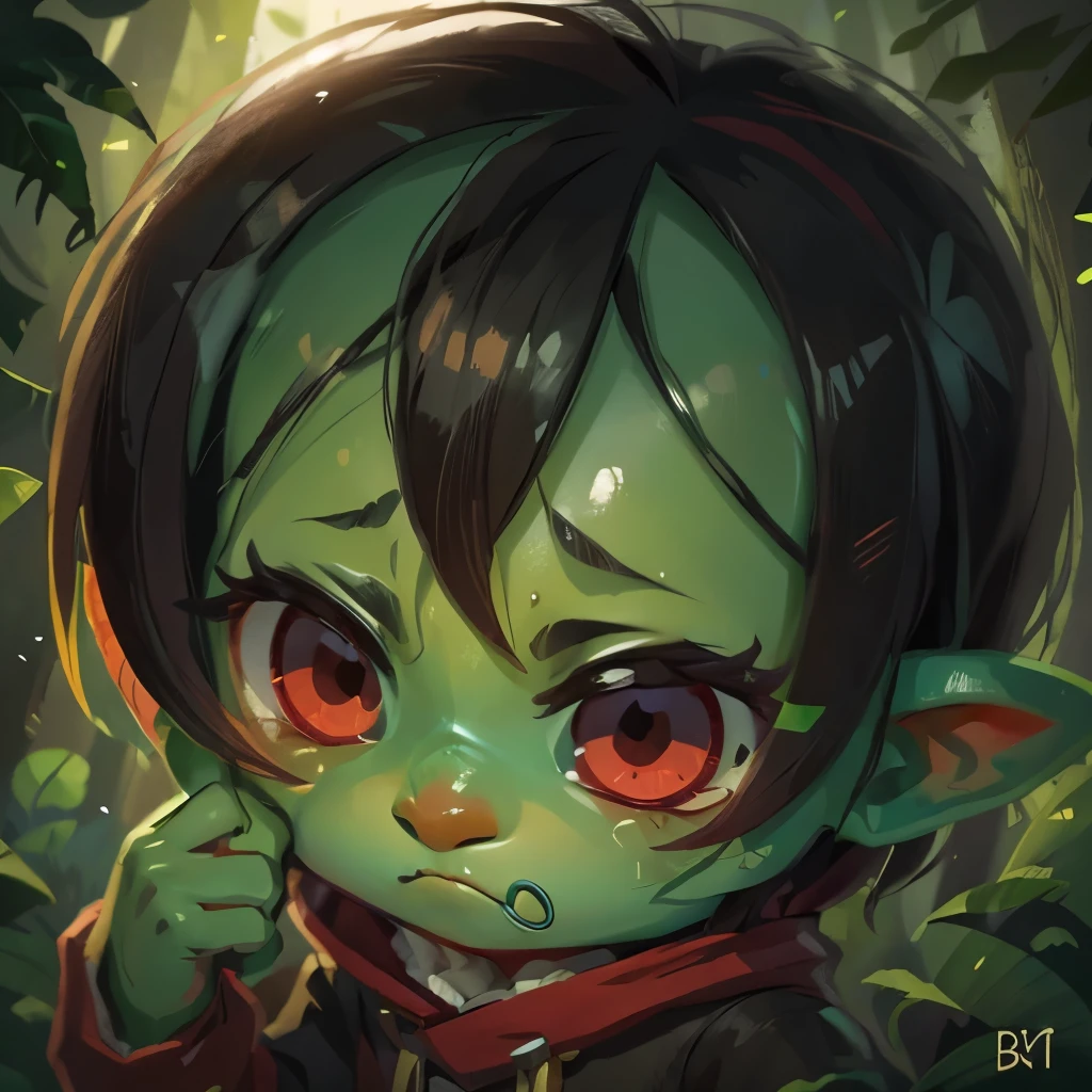 a green skin goblin boy, close up face, sad, red eyes, black hair entirety