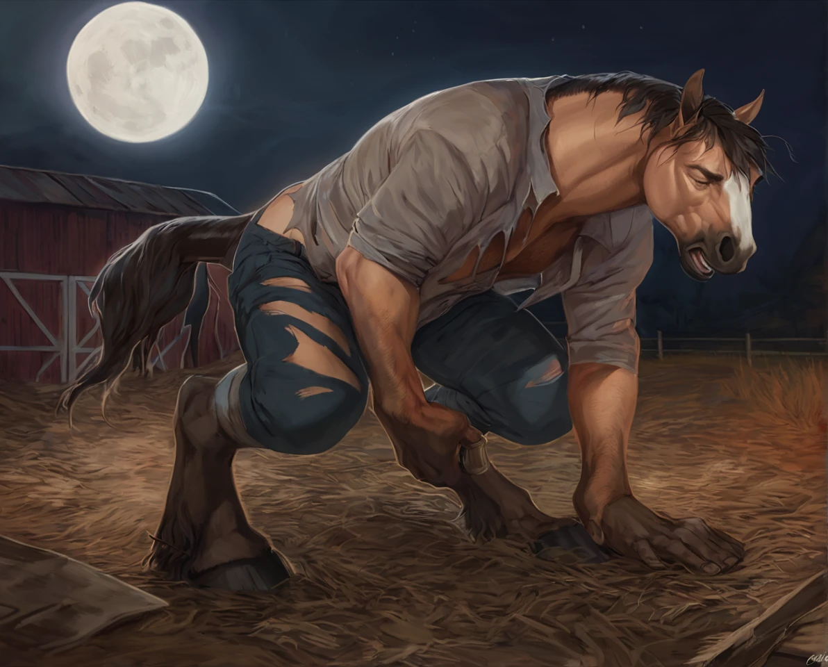 male horse mid transformation, solo, masterpiece, best art, full body, digitigrade, by patto, by oouna, torn pants, torn shirt, detailed hands, detailed eyes, detailed torso, farm, painful expression, transformation, human face, standing, night, moon, all fours, closed eyes