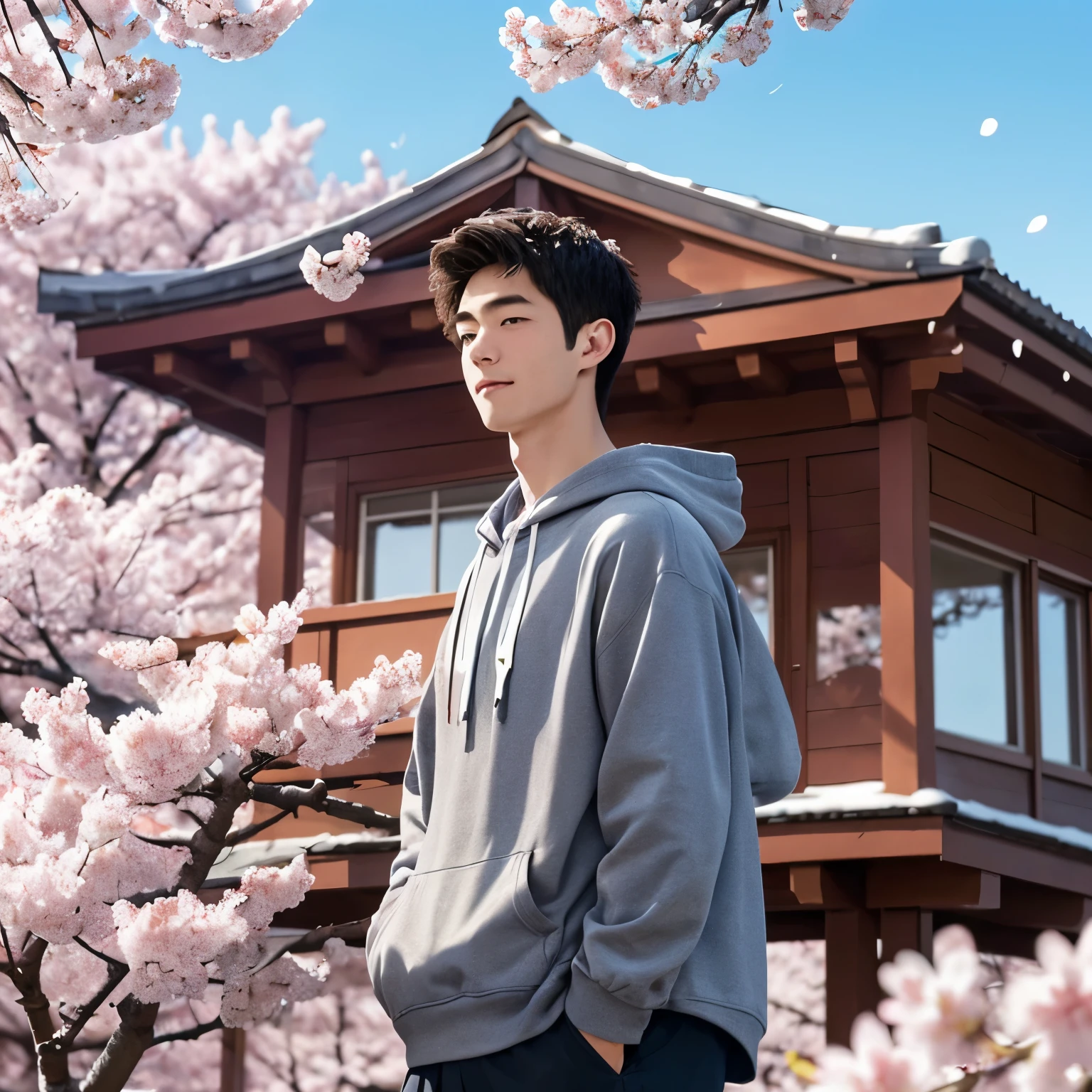 High school boy standing on the roof,Looking down on the schoolyard from the roof of a high school building,A male high school student wearing a hoodie standing on the roof,Cherry blossoms blooming in the schoolyard,blurred background,A sentimental and fantasy scene befitting a graduation.,spring,Cherry tree in full bloom,Scattering cherry blossom petals,today、My favorite senior is graduating,farewell,sadness,dream-like,Fantasy,Intricate details,Color illustrations,Zentangle Elements,rendering,colorful,Cast a colorful spell,Wide range of colors,Intricate details,rendering,,masterpiece,best masterpiece,highest quality,Beautiful light and shadow,