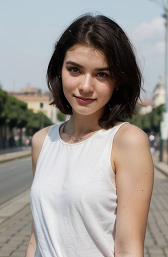 masterpiece, best quality, woman, happy, looking at viewer, curly, brown hair, brown eyes, eyes open, wheatish skin, tall, slim, drop shoulder tee, 30-year-old, european, minimalist cartooning, upper body, on the road, beautiful, fantasy