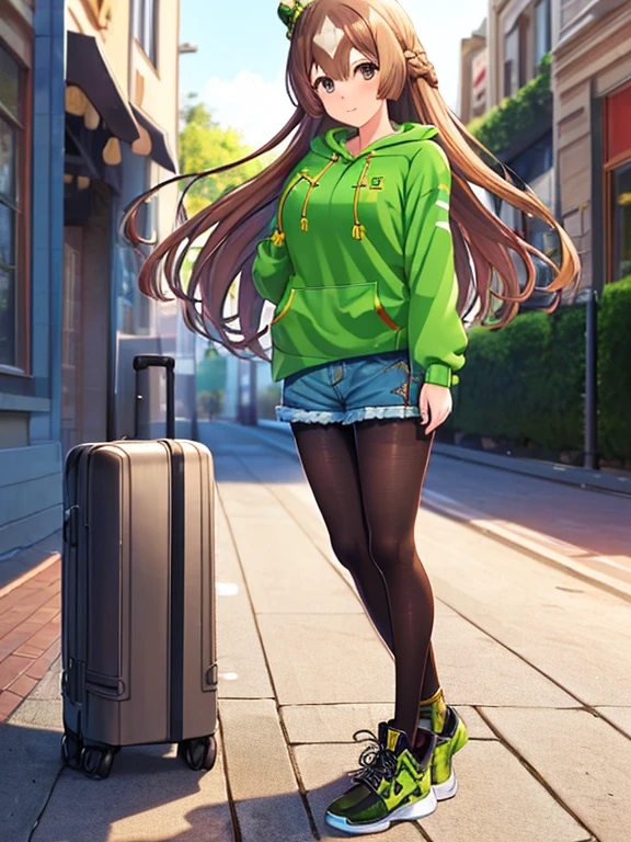 Satono Diamond\(umamusume\), ((highest quality))、((masterpiece))、Ultra-high resolution、、(Anime 2D Rendering, Realistic young anime woman),
Beautiful body, Beautiful thighs, Beautiful feet, White beautiful skin、
(Spread your chest wide、((light green hoodie:1.4)、(Blue denim shorts:1.4)、(Low denier black pantyhose:1.4)、(sneakers)))、
smile、Face towards the viewer、(whole body、Are standing)