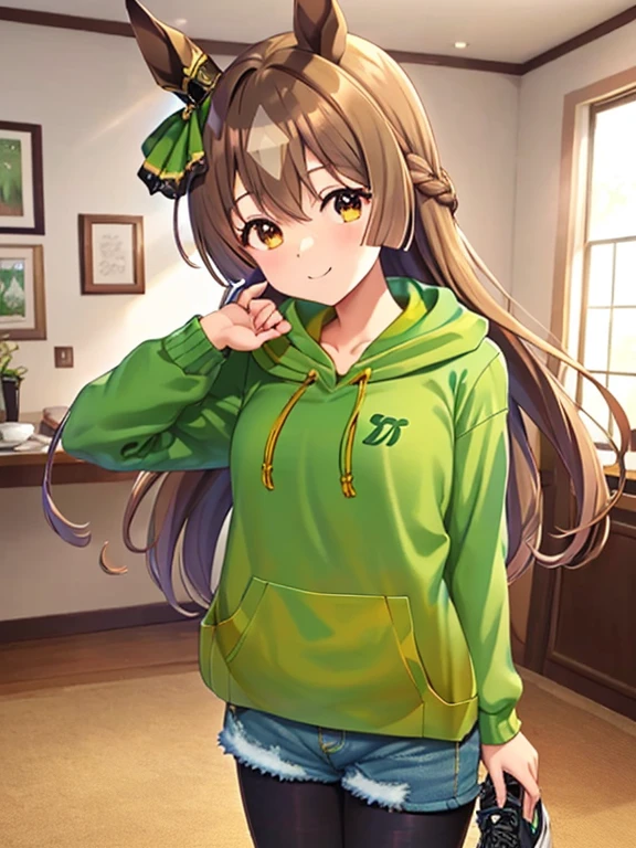 Satono Diamond\(umamusume\), ((highest quality))、((masterpiece))、Ultra-high resolution、、(Anime 2D Rendering, Realistic young anime woman), 
Beautiful body, Beautiful thighs, Beautiful feet, White beautiful skin、 
(Spread your chest wide、((light green hoodie:1.4)、(Blue denim shorts:1.4)、(Low denier black pantyhose:1.4)、(sneakers)))、 
smile、Face towards the viewer、(whole body、Are standing)