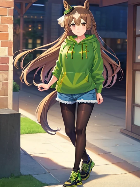 Satono Diamond\(umamusume\), ((highest quality))、((masterpiece))、Ultra-high resolution、、(Anime 2D Rendering, Realistic young anime woman),
Beautiful body, Beautiful thighs, Beautiful feet, White beautiful skin、
(Spread your chest wide、((light green hoodie:1.4)、(Blue denim shorts:1.4)、(Low denier black pantyhose:1.4)、(sneakers)))、
smile、Face towards the viewer、(whole body、Are standing)