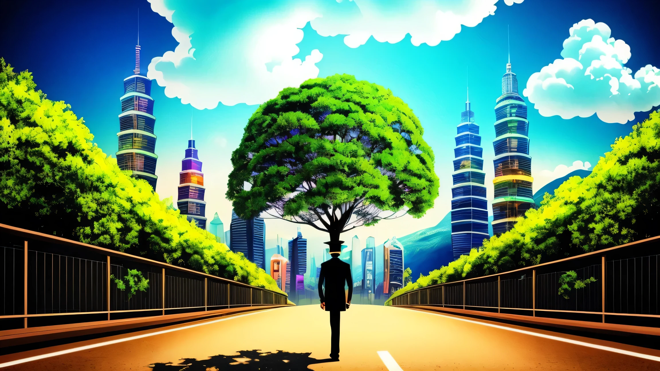 8K, Alien wearing a top hat and smoking a cigarette, Hyper, cyber punk, Made from ruins, Skyscraper, Taipei City, Painting of a tree with a bridge, Fantasy valley with trees, Highly detailed fantasy, Fantasy Tree, Colorful detailed dreamscape, Cosmic Tree of Life, Boy looking at pictures