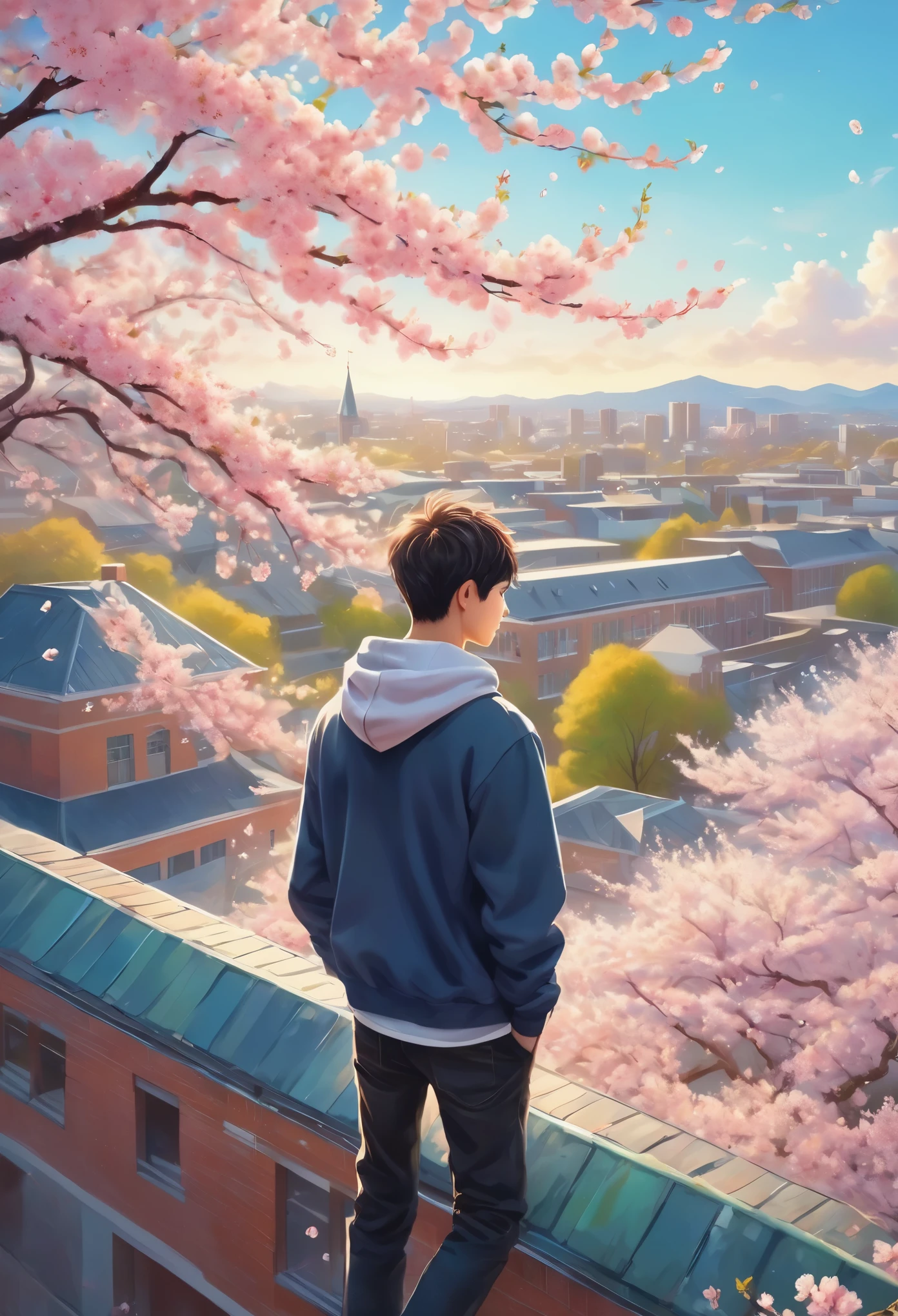 High school boy standing on the roof,Looking down on the schoolyard from the roof of a high school building,A male high school student wearing a hoodie standing on the roof,Cherry blossoms blooming in the schoolyard,blurred background,A sentimental and fantasy scene befitting a graduation.,spring,Cherry tree in full bloom,Scattering cherry blossom petals,today、My favorite senior is graduating,farewell,sadness,dream-like,Fantasy,Intricate details,Color illustrations,Zentangle Elements,rendering,colorful,Cast a colorful spell,Wide range of colors,Intricate details,rendering,,masterpiece,best masterpiece,highest quality,Beautiful light and shadow,