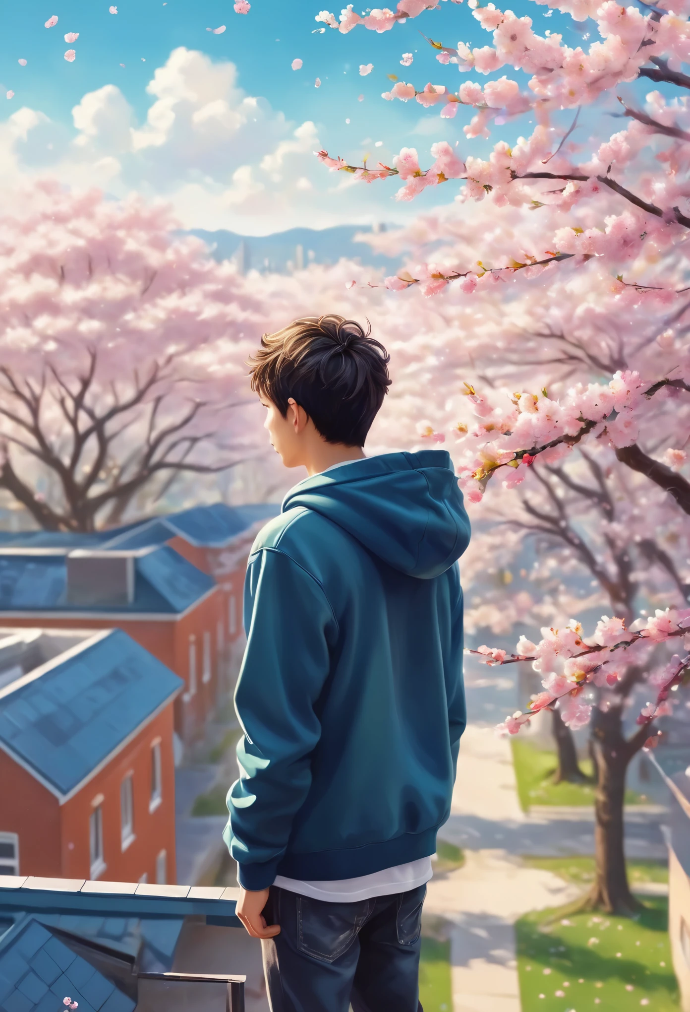 High school boy standing on the roof,Looking down on the schoolyard from the roof of a high school building,A male high school student wearing a hoodie standing on the roof,Cherry blossoms blooming in the schoolyard,blurred background,A sentimental and fantasy scene befitting a graduation.,spring,Cherry tree in full bloom,Scattering cherry blossom petals,today、My favorite senior is graduating,farewell,sadness,dream-like,Fantasy,Intricate details,Color illustrations,Zentangle Elements,rendering,colorful,Cast a colorful spell,Wide range of colors,Intricate details,rendering,,masterpiece,best masterpiece,highest quality,Beautiful light and shadow,