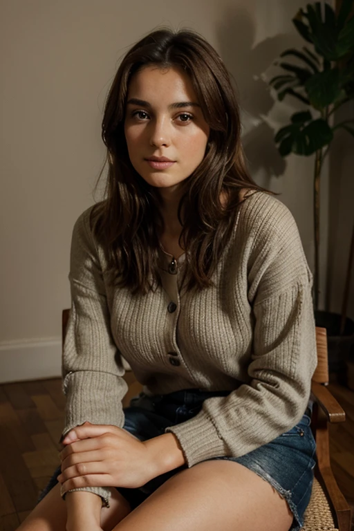 1girl, fluffy brown hair, big round glasses, writing, thoughtfull, freckles, biting tongue, lamp light, sitting behind a table, red sweater