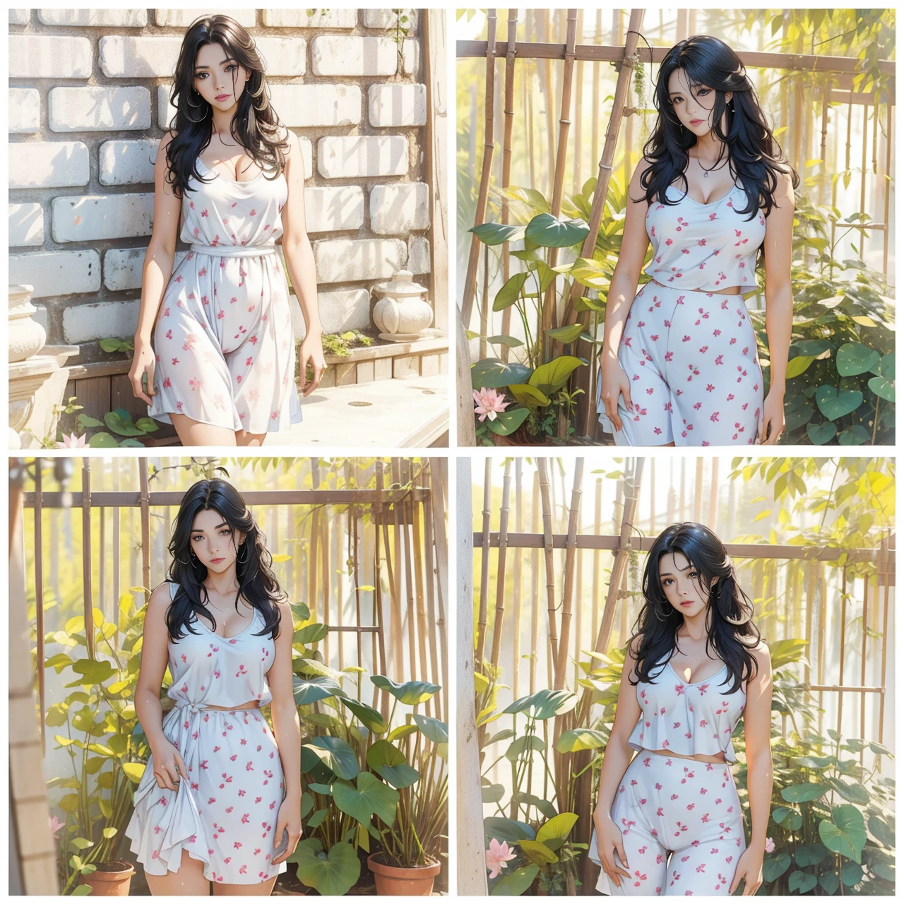 1 female,25 years old,Slim,Very large ,Big breasts and thin waist,Long legs, 1 female,35 years old,MILF,Big breasts and thin waist,Slim,Large chest ,exposure, solo,(background:bamboo forest,lotus,lotus,Lotus Pool) She has short silver-white hair,Stand up,Sweating,Soaked,From the front, Straight Hair, partly cloudy,(((masterpiece),(Very detailed CG unified 8K wallpaper),Best quality,Movie Lighting,Detailed background,Beautiful and delicate eyes,Smart pupils,black eyes,(Very delicate and beautiful),(Beautiful and detailed description of the eyes),Ultra Detailed,masterpiece,)),Facing the camera,high resolution,Ultra Detailed),Exposing breasts,Exposed genitals, Convex,Legs open,convex sexy,camel toe,flushed face front,High School Students(Wear:mini, deep neck , v-shaped croptop, Cleavage, Bare breasts,)