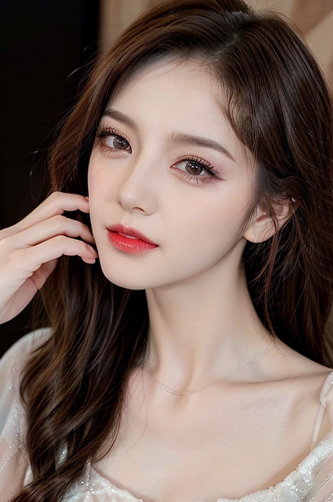 Sweet girl dress2,dress, yjnn, 1girl, fashi-girl, red lips, mature female, makeup, ((cowboy shot)), (realistic), leaning forward, (Surrealistic + pure), exquisite beautiful eyes, HD quality, Dynamic tilt, High nose, Flare effect, realistic details, Official art, Masterpiece, Unity 8k wallpaper, beautiful masterpiece, Top quality, Radiant skin, cinematic lighting, sweet and cute, long brown hair, curly hair, warm tones, high color saturation