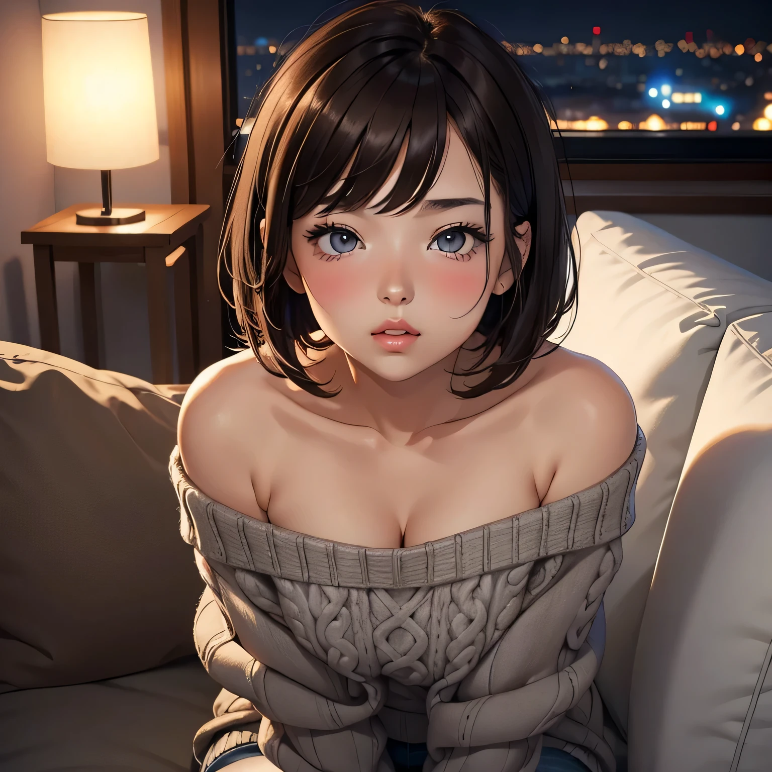 masuter piece:1.3)、(8K、Photorealsitic、Raw photography、top-quality: 1.4)、(1girl in)、beautiful expression、(Lifelike face)、(A dark-haired、short-hair:1.3)、Beautiful hairstyle、realisticeyes、Beautiful details、（real looking skin）、Beautiful skins、（Sweaters）、absurderes、enticing、超A high resolution、Ultra-realistic nipples