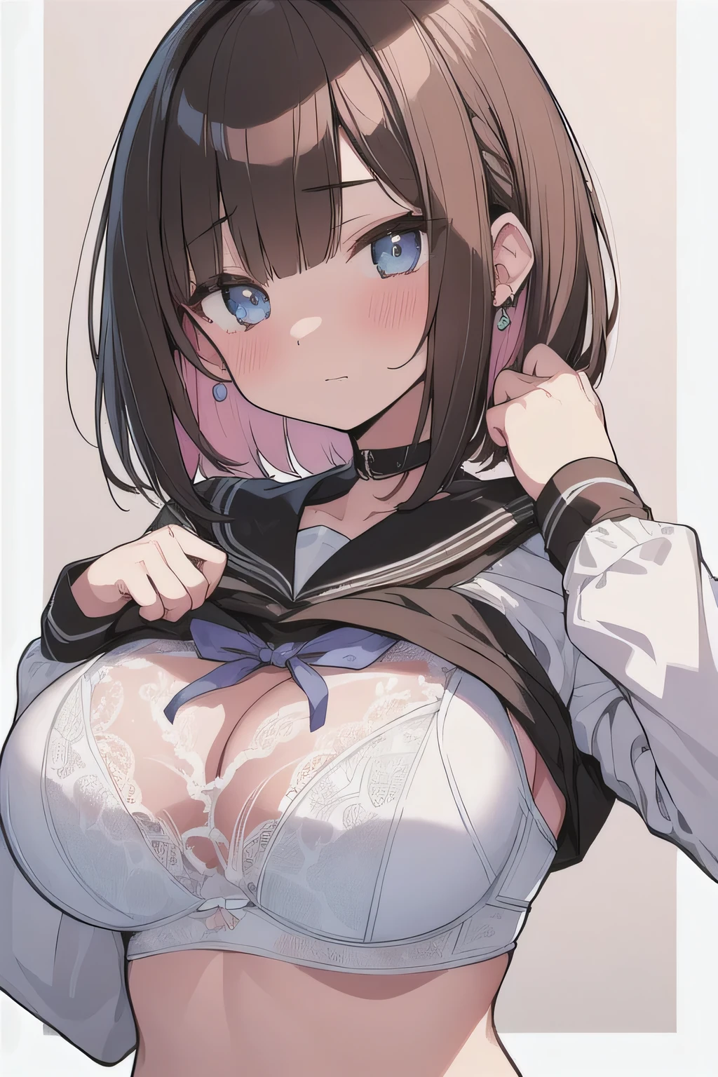 (best quality), (Super detailed), (Best Illustration), (woman), from bellow, look at viewer, {(white serafuku), (shirt, lift:1.2), (show off bra:1.3)}, (large breasts), {(detailed eyes), (heart-shaped pupils), blue eyes}, {brown hair, (sideburns), (bob cut:1.3), curly hair, hairs between eyes, colored inner hair}, blush, earring,
