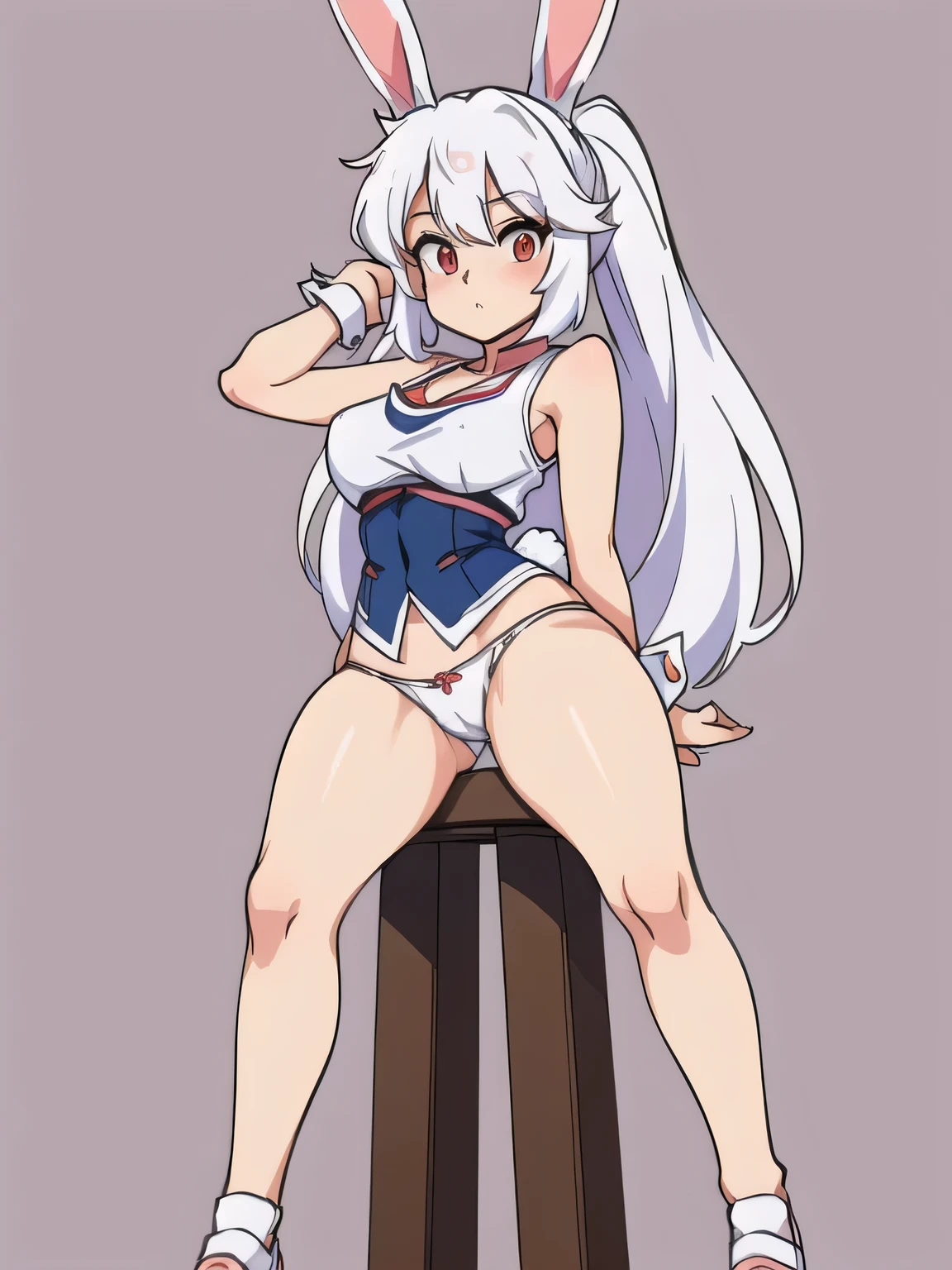 anime girl mit Hasenohren and a white top, Lola-Bunny-Fanart, OC-Kommission, Bunny Girl, casual pose, dick, mit Hasenohren, Im Anime-Stil, Order for high resolution, Charakter im Anime-Stil, ein Tanktop tragen, mit langen Schlappohren, fullbody commission for, Im Anime-Stil, sweet character, with large rabbit ears, bra visible, (((white panties))), red pupils, white hair, tanned skin