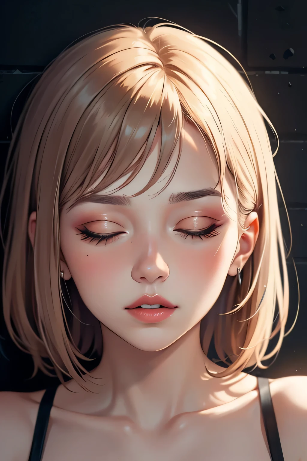 Close up shot of a woman who has closed her eyes and parted her perfect lips, blushing very hard, kissable face and lips, amazing makeup, against a wall