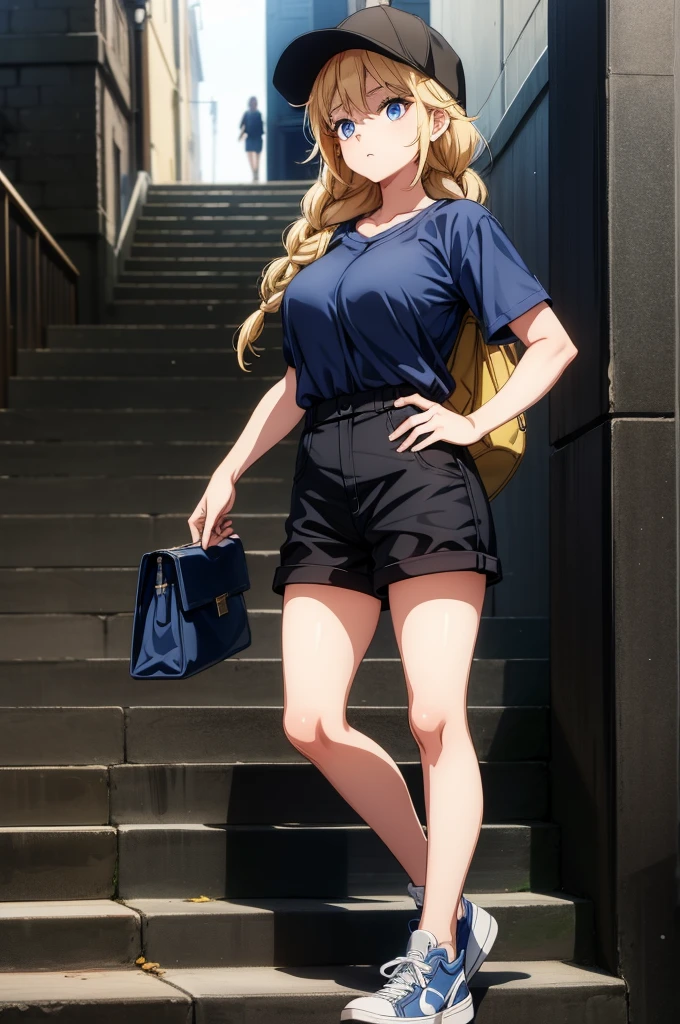 a female character with blonde hair standing on a set of stairs in a dress, 1girl, shorts, solo, blue eyes, blonde hair, breasts, shirt, hat, baseball cap, long hair, large breasts, braid, black shorts, shoes, bag, short sleeves, blue shirt, sneakers, black headwear