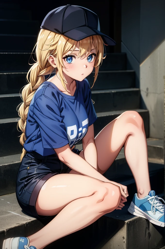 an anime styled female sitting on the stairs wearing blue shorts and a blue cap, 1girl, solo, blue eyes, blonde hair, hat, sitting, shoes, shorts, breasts, shirt, braid, sneakers, twin braids, baseball cap, black shorts, looking at viewer, short sleeves, long hair, blush, blue shirt, blue footwear, black headwear, large breasts, stairs