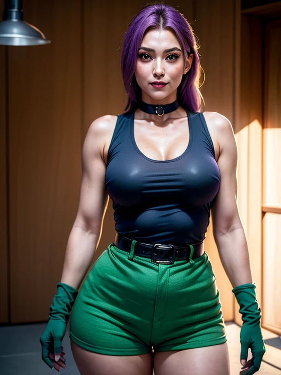 ((Masterpiece:1.4)), (high resolution:1.4), (standding:1.5), martina, purple eyes, purple hair, very long hair, ponytail, hair scrunchie, green choker, o-ring top, tank top, sleeveless, fingerless gloves, green gloves, waist cape, black shorts, green belt, boots(full body:1 5) , beautifull smile, beautiful face, highly detailed skin, skin pores, realistic pupils, full face blush, full lips, (perfect anatomy:1.1), (perfect proportions:1.1), (photography:1.1), (photorealistic:1.1), volumetric lighting, dynamic lighting, real shadows, (highres:1.1), sharp focus, daylight, (realistic, hyperrealistic:1.4), intricate, high detail, dramatic, subsurface scattering, big depth of field, vivid, polished, sharpened, ((full Sharp)), (extremely absurdres),16k hdr,