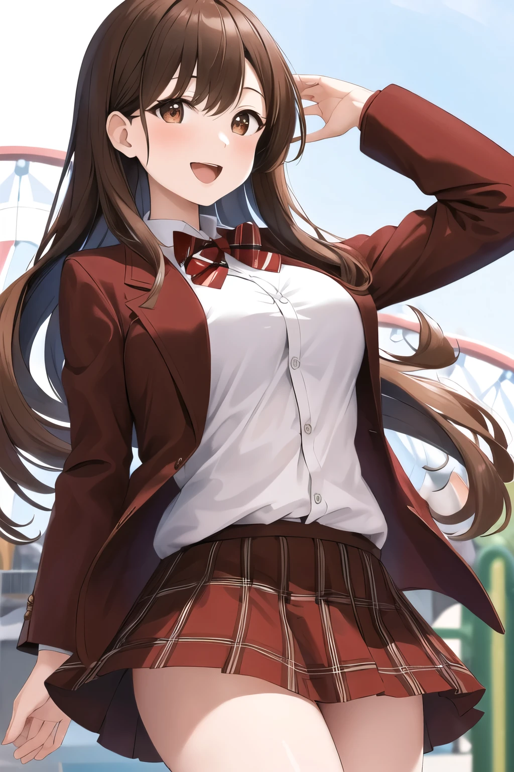 masterpiece, best quality, highres, 1girl, brown hair, long hair, bangs, brown eyes, medium breasts, red bowtie, , black jacket, open jacket, brown cardigan, white shirt, black skirt, plaid skirt, smile, open mouth, arms behind back, leaning forward, amusement park,