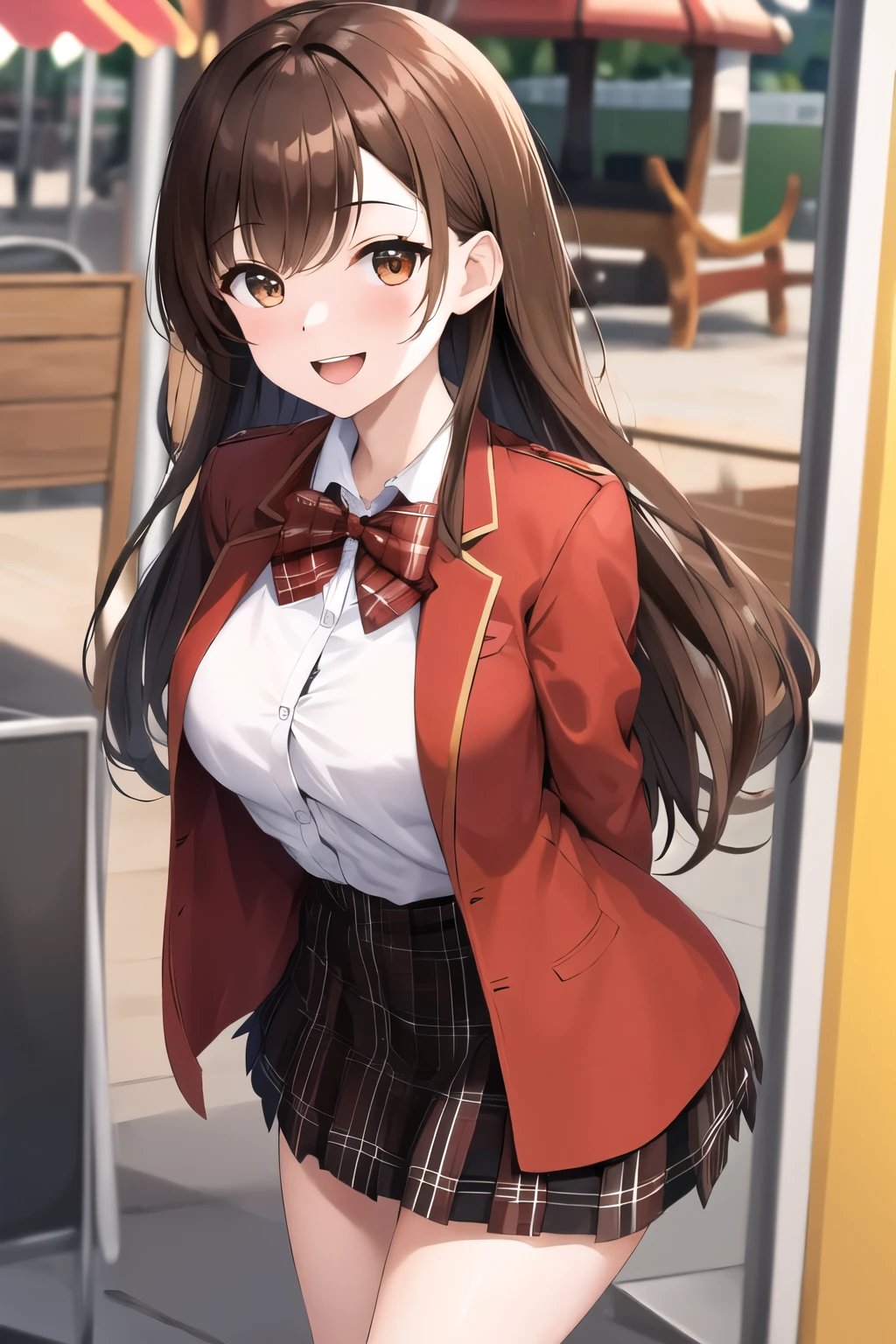 masterpiece, best quality, highres, 1girl, brown hair, long hair, bangs, brown eyes, medium breasts, red bowtie, , black jacket, open jacket, brown cardigan, white shirt, black skirt, plaid skirt, smile, open mouth, arms behind back, leaning forward, amusement park,