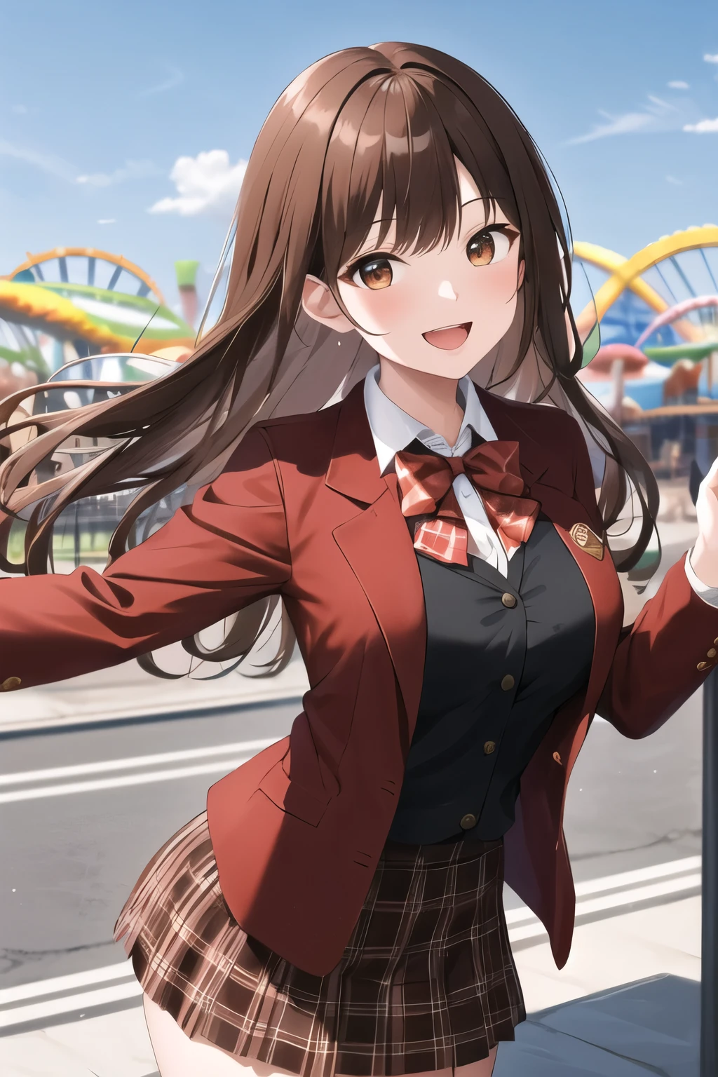 masterpiece, best quality, highres, 1girl, brown hair, long hair, bangs, brown eyes, medium breasts, red bowtie, , black jacket, open jacket, brown cardigan, white shirt, black skirt, plaid skirt, smile, open mouth, arms behind back, leaning forward, amusement park,