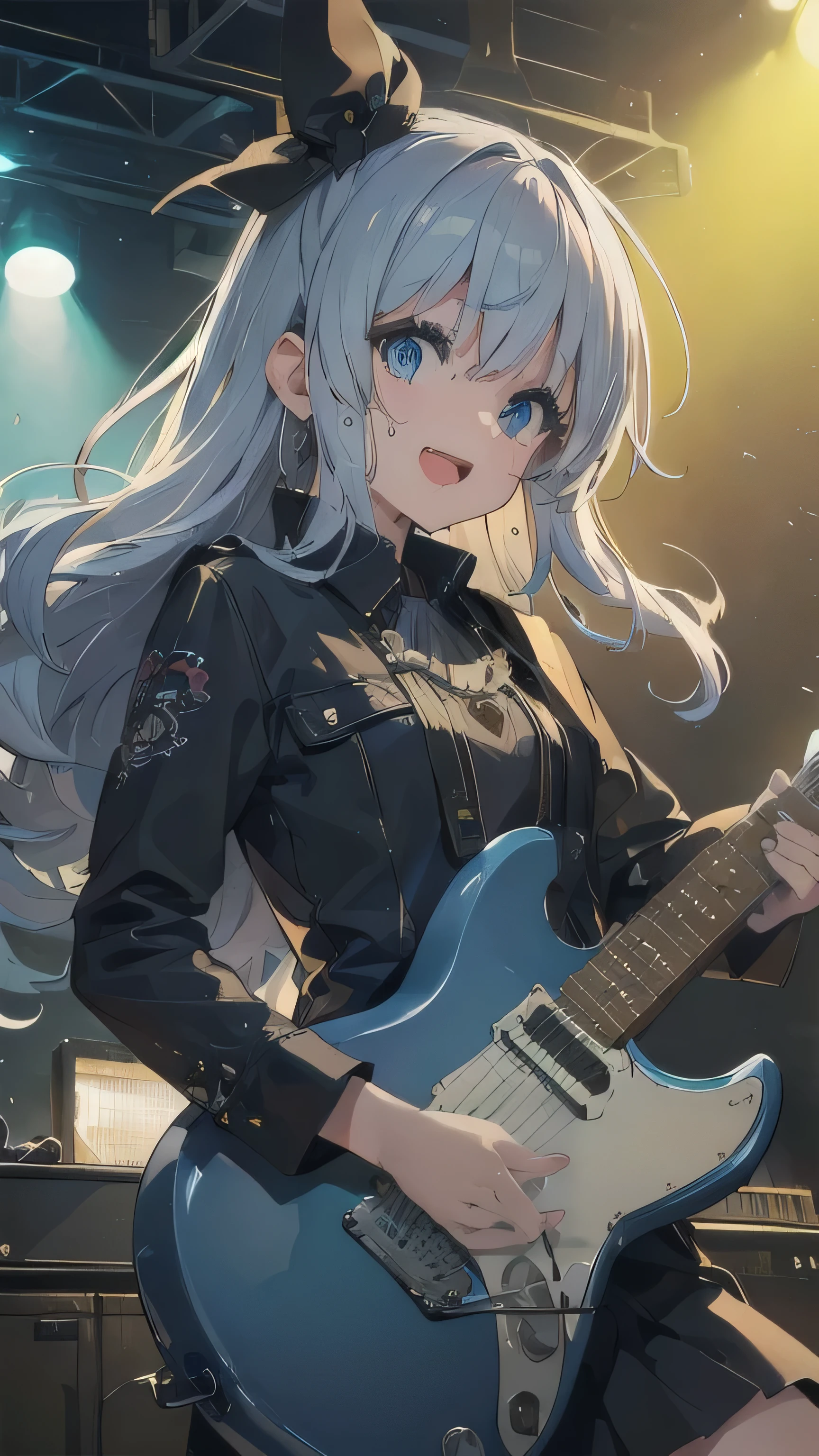 Silver-haired blue eyes、 girl、small breasts、twin tails、uniform、smile、blue baseを弾いている、music festival、blue base🎸