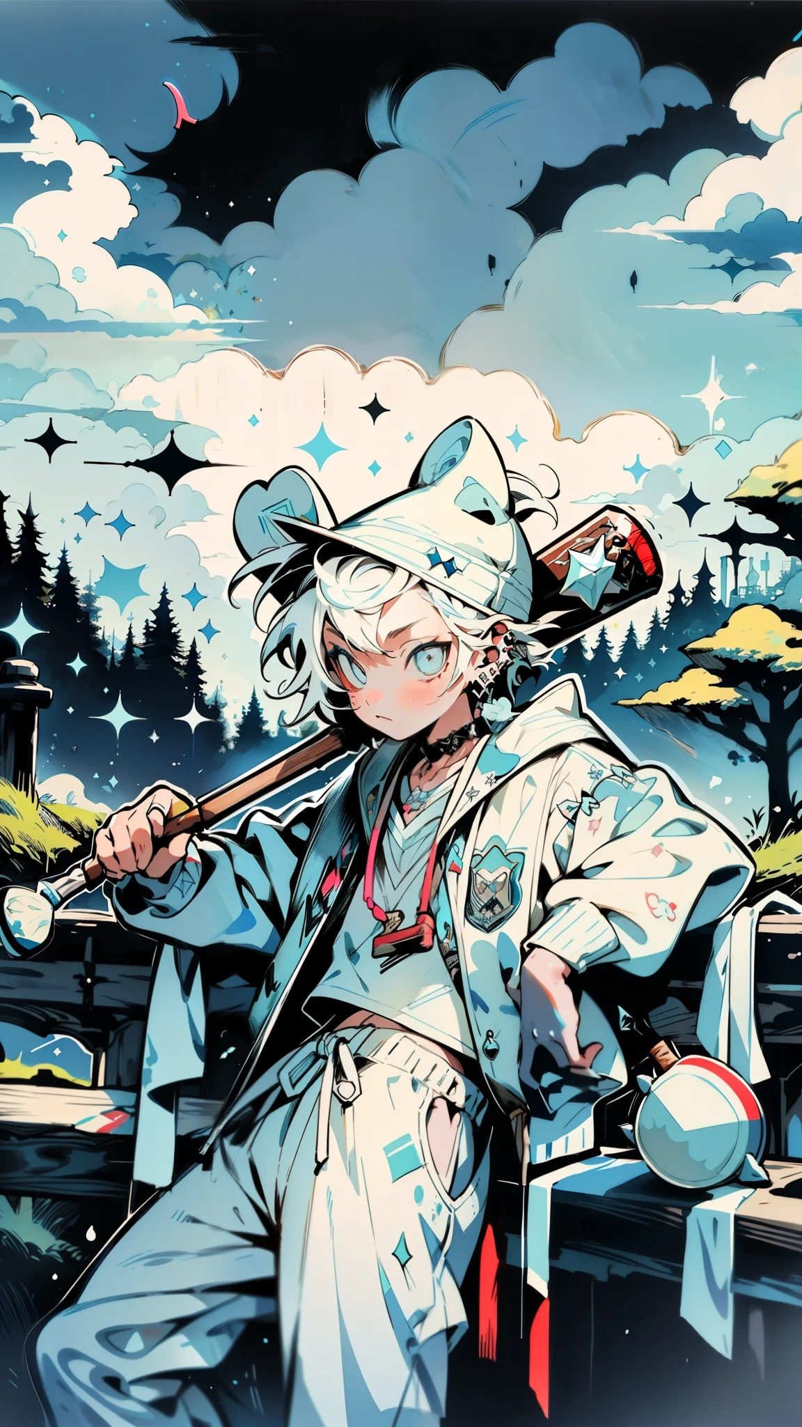 A vivid illustration portraying a slice of life scene akin to a movie, featuring an adolescent in streetwear. (The character leans casually against a bridge), ((clutching a wooden club) :1.5), their pointy ears adorned with earrings and piercings. ((They don baby blue and white attire) :1.5), set against the backdrop of a lush forest. By makoto shinkai, fantasy world, dark background, clean design, epic, artstation, colorful paint splatter, silhouette, hyper detailed intricate details, unreal engine, fantasy, splash screen, complementary colors, deviantart masterpiece, oil painting, heavy strokes, paint dripping, indifferent expression