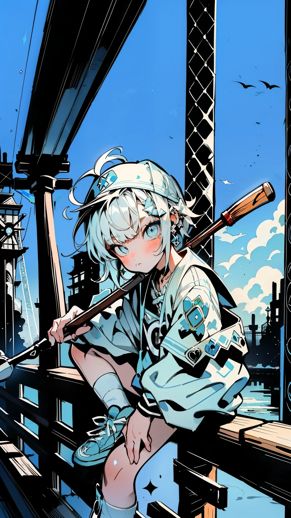 A vivid illustration portraying a slice of life scene akin to a movie, featuring an girl adolescent in streetwear. (The character leans casually against a bridge), ((clutching a wooden club) :1.5), their pointy ears adorned with earrings and piercings. ((They don baby blue and white attire) :1.5), set against the backdrop of a lush forest. By makoto shinkai, fantasy world, dark background, clean design, epic, artstation, colorful paint splatter, silhouette, hyper detailed intricate details, unreal engine, fantasy, splash screen, complementary colors, deviantart masterpiece, oil painting, heavy strokes, paint dripping, indifferent expression