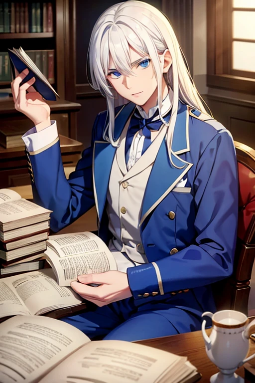 A young white haired man with blue eyes with long hair with blue eyes in a white victorian suit is sitting at his desk with a pile of books